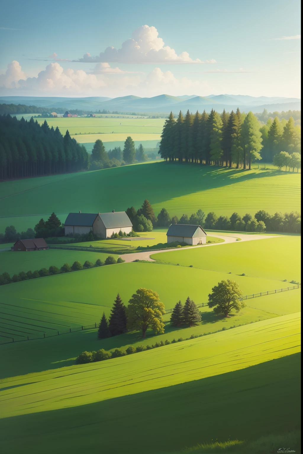 A painting of a summertime landscape, green trees, green grass, farm buildings with silos, daytime light.