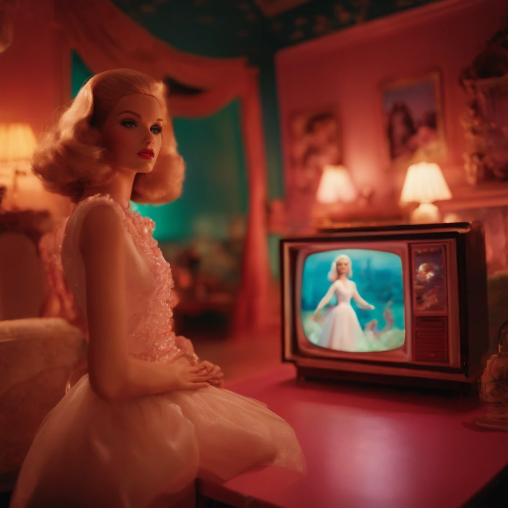 a woman in a white dress standing in front of a television, retro and ethereal, plastic doll, television still, petra collins, lynchian, by David LaChapelle, 60s kitsch and psychedelia, plastic barbie doll, barbie doll, dream aesthetic, mark ryden and lisa frank, movie still of the alien girl, barbie