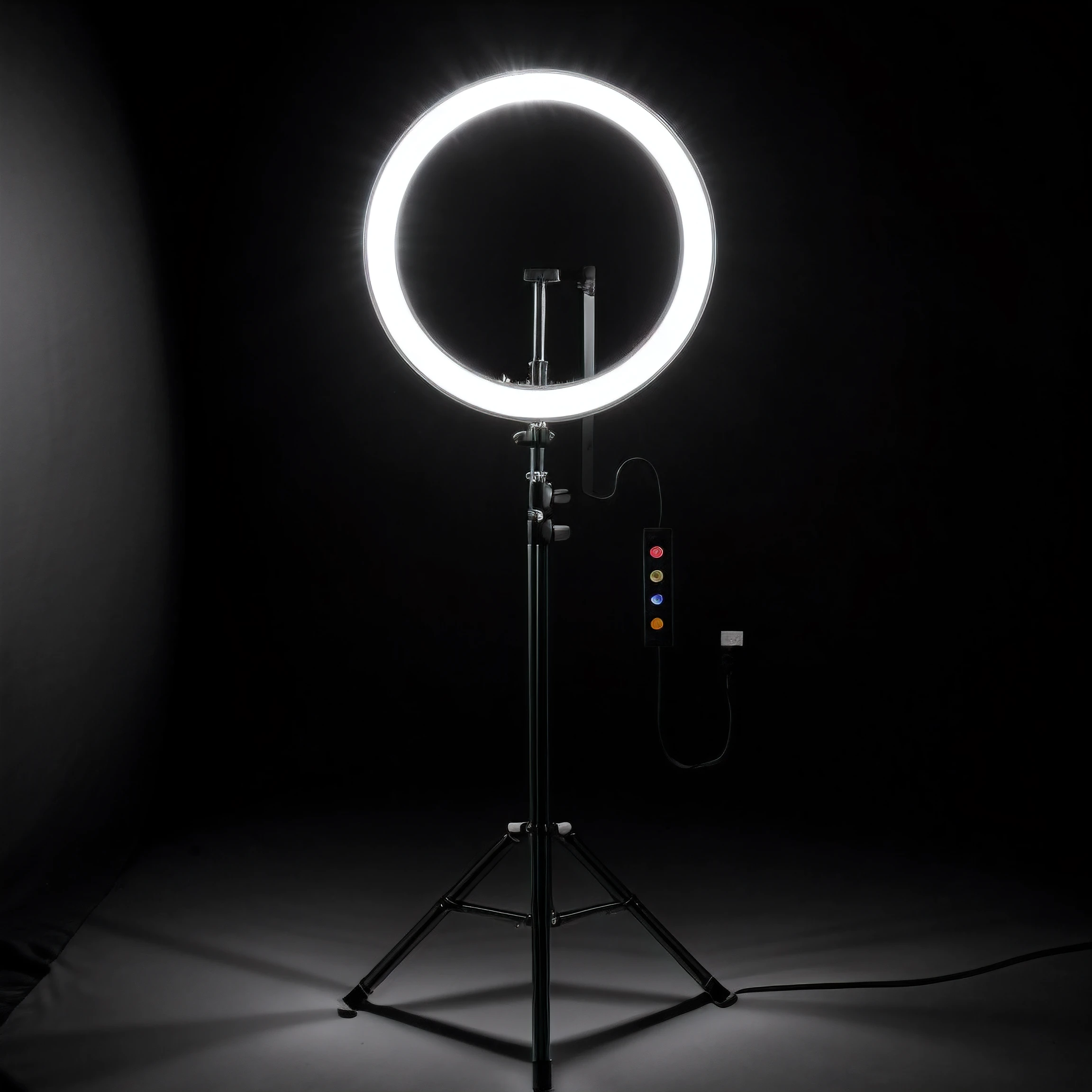 A black and white photo of a light ring on a tripod, Annular light, Ring lighting, Cinematic rim light, RingFlash Lighting, Fill light. studio, devant un foret dense , illuminate it with a rim light, professional studio lighting, Dark Studio Light, Product Lighting. 4 km, Realistic studio lighting, Rim Lighting, Film Studio Lighting, tripod