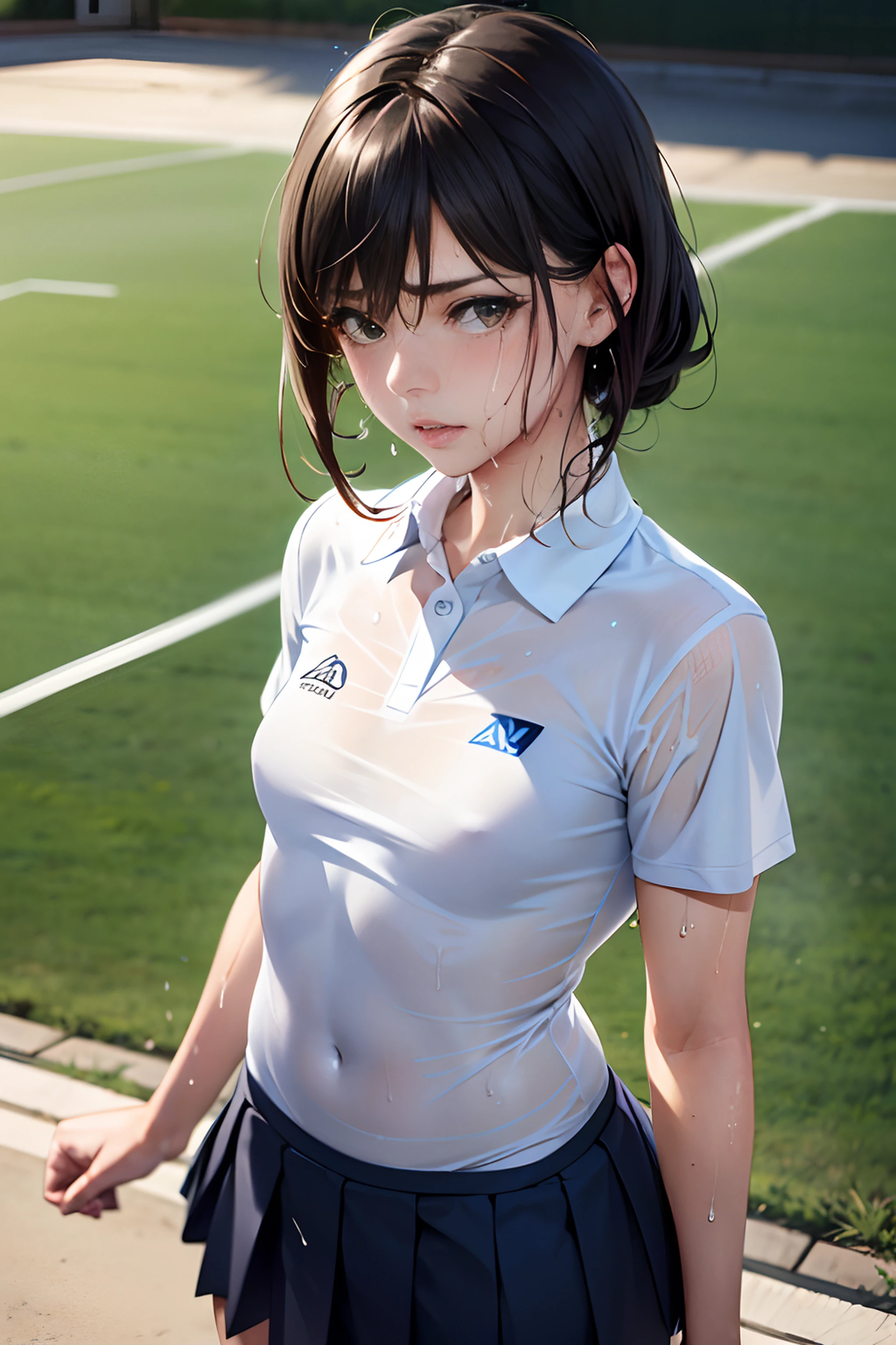 1girl, solo, white polo shirt, white sneakers, tennis wear, white miniskirt, masterpiece, best quality, realistic, hyper-detailed, (shiny skin, sweaty:1.4), absurd, looking at viewer, short black hair, brown eyes, slender, dynamic lighting, high resolution, sharp focus, depth of field, detailed eyes, sharp pupils, realistic pupils, (small breasts:1.6), (thick thighs:1.0), outdoor, sky