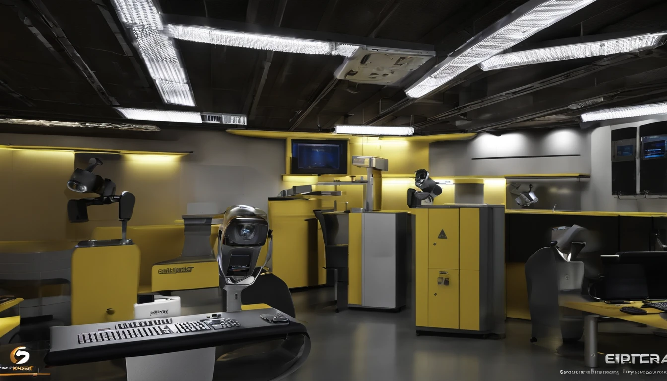 Robo humanoide raca negra, service bench, notebook, desktop, camera de vigilancia, ferraemntas de eletronicas, web cam , dvr de camera, Uplighting , lampada, epi´s, safety helmet, colete, rede eletrica, quadro eletrico, energia, baterias, carregadores, Power supplies, data center , painel voltaico, shed, robos trabalhando, concertando computadores , arruamando placas, presence sensors, chave, disjuntores, capacitores, led´s , pendentes de luz, multimetro, alicate amperimetro, security camera, security camera, cyberpunk, robotica, chave de fenda, chave philips, escrita "creditec" painel.