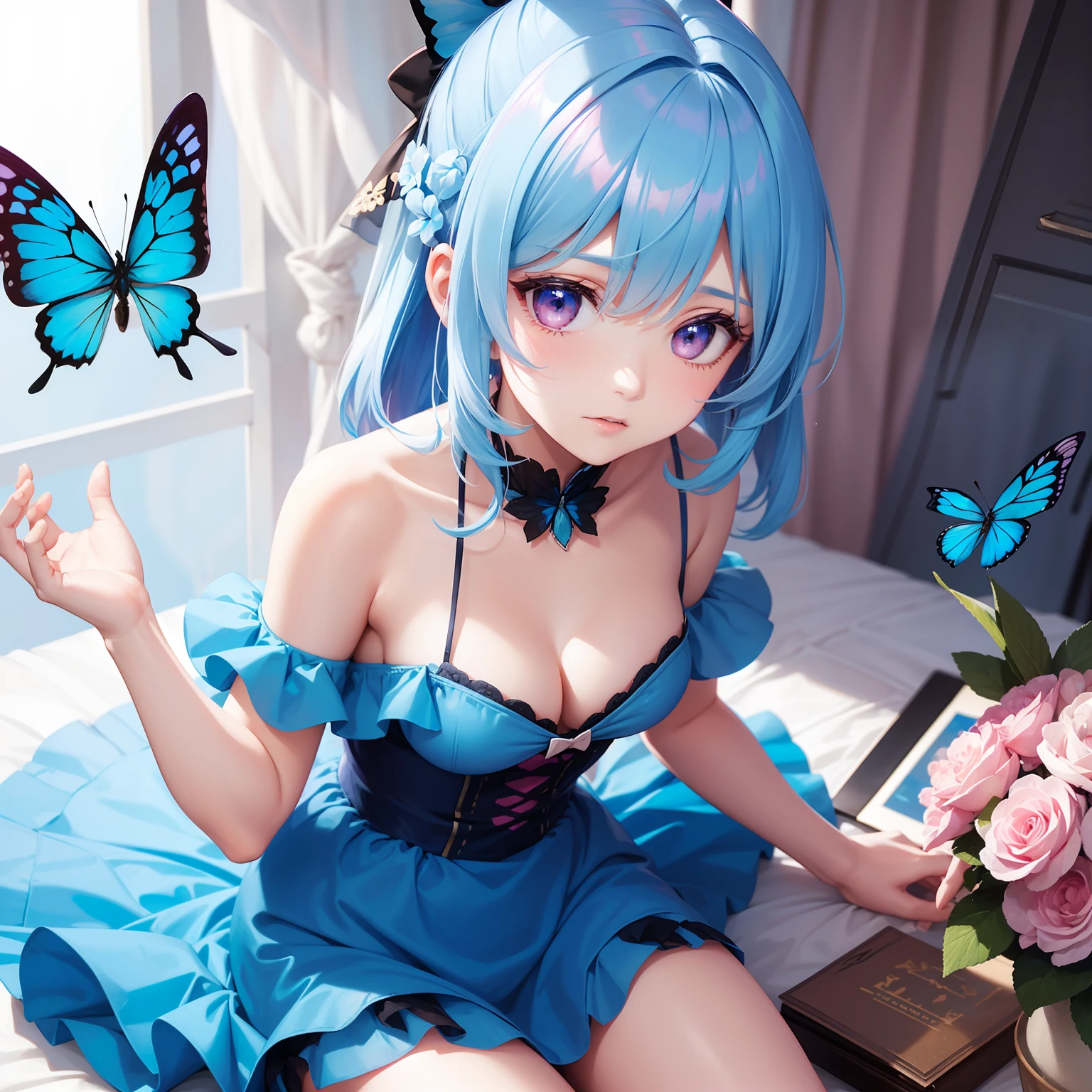 a women, blue butterfly, blue hair, pink eyes, pink dress