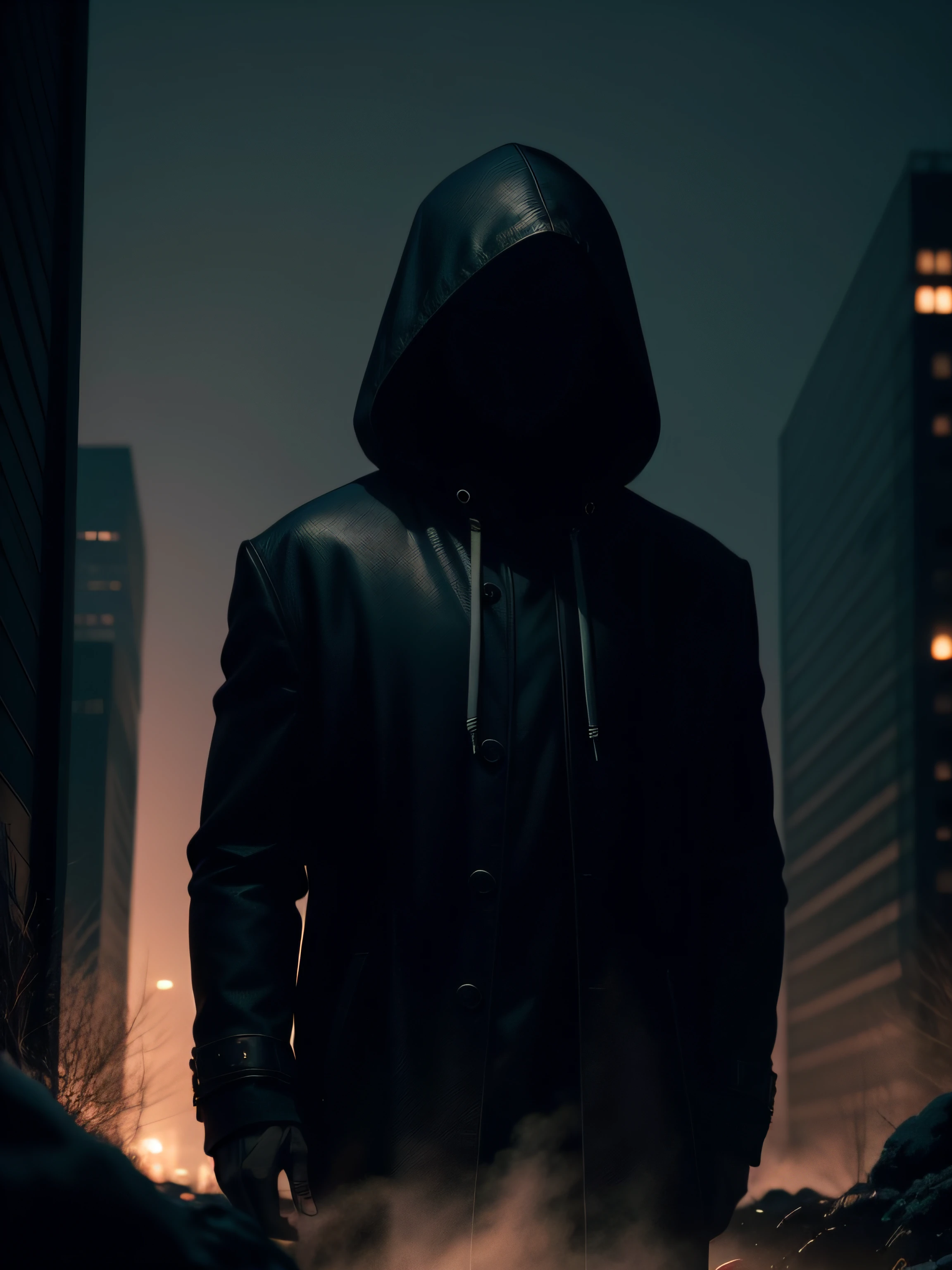 horror movie, 8k image quality, masterpiece, ultra-clean image quality, super rich details, silhouette of a cold man in the dark, with a hood and harsh features, nobody else, facing the camera, medium image, time-lapse city background night, ground level frame