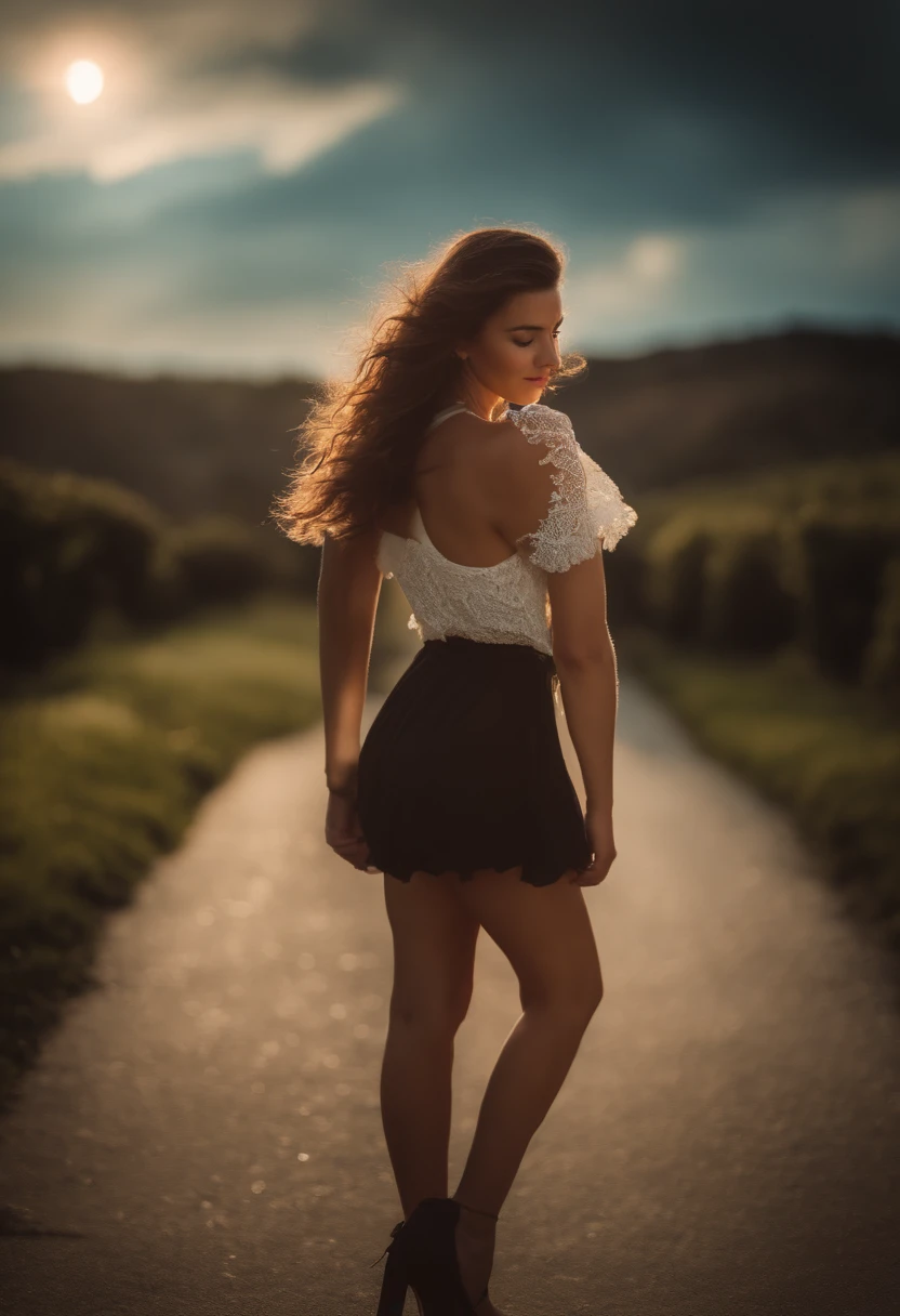 La mejor calidad, Alto_resolution, distinto_Imagen, Antecedentes detallados ,girlish, Desgaste aleatorio,Flor, cielo nocturno,dutch angle, Plano amplio,coy smile, corona,