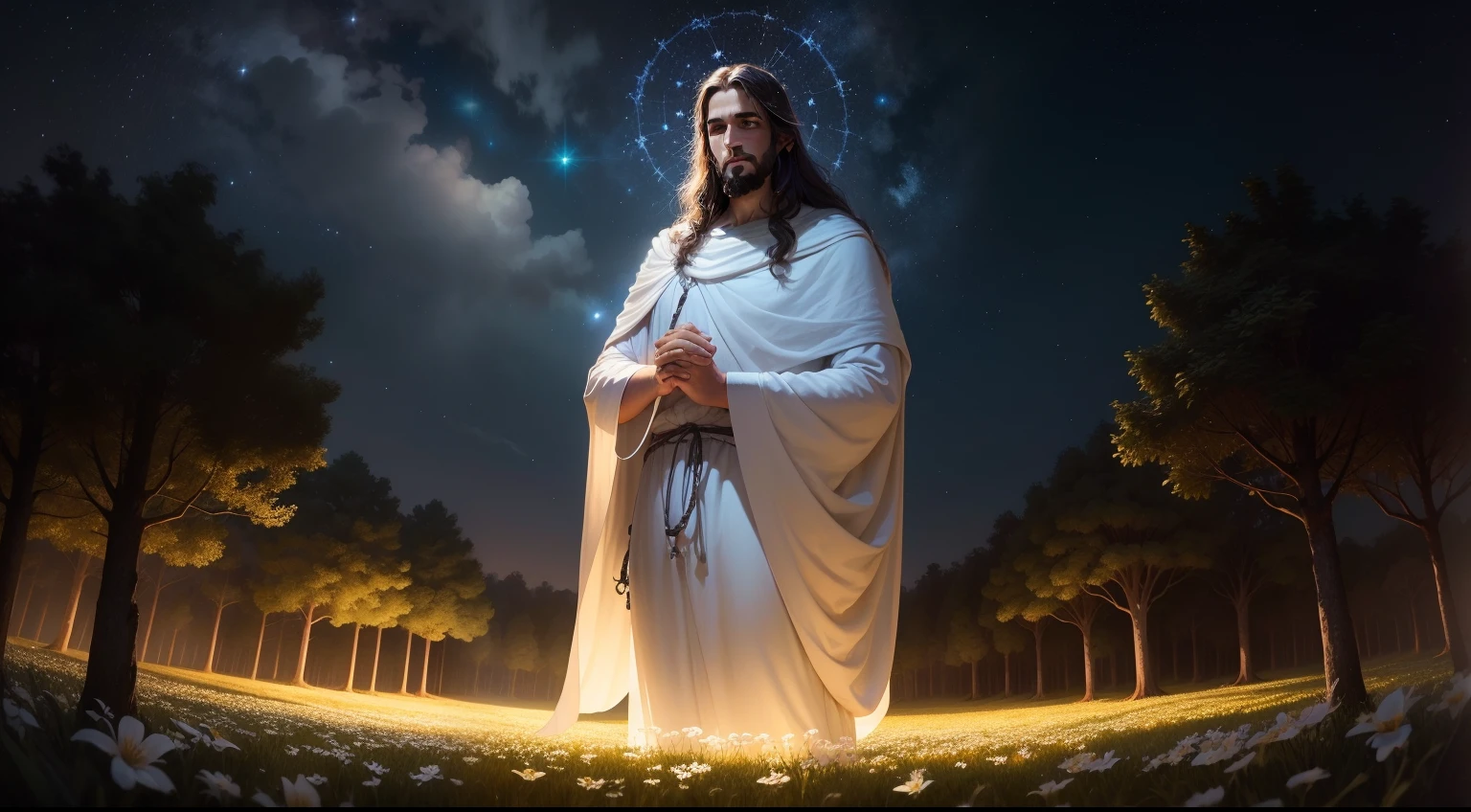 Um majestoso Jesus Cristo em um campo florido e com arvores, positividade, luz, energy and a starry night sky