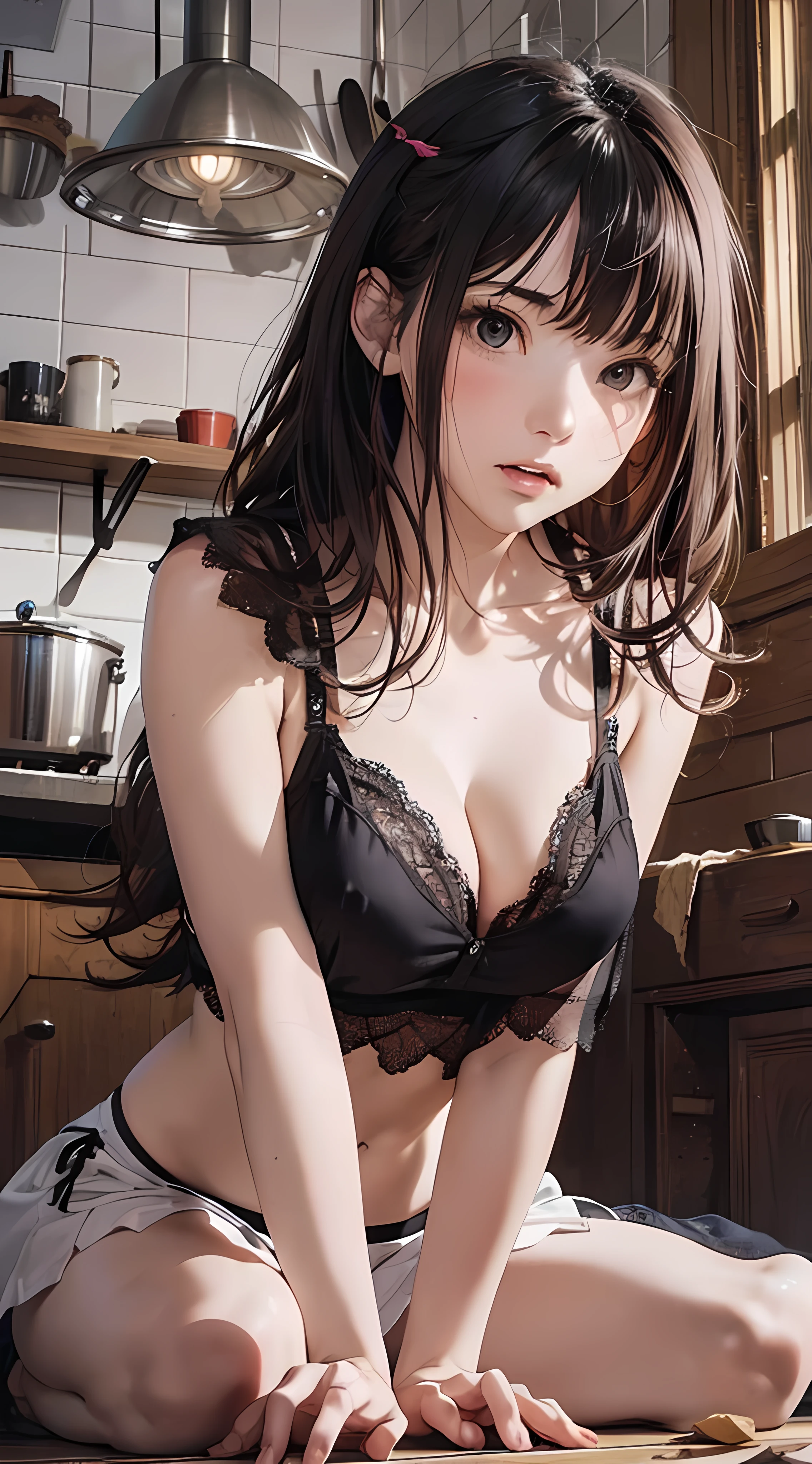 (1girl:1.3), cinematic light, (masterpiece, top quality, best quality, official art, beautiful and aesthetic:1.3), extreme detailed,highest detailed,(ultra-detailed),((an extremely delicate and beautiful)), ((Crouch down)), (dark night), ((in the kitchen old apartment)), from above, solo, breasts, silky long hair, (brown hair), Casual clothes, pink Lace inner, open breast, 26 years old, unsteady gaze, torn clothes, anxious, embarrassed, (looking up:1.4) ,licking gesture,