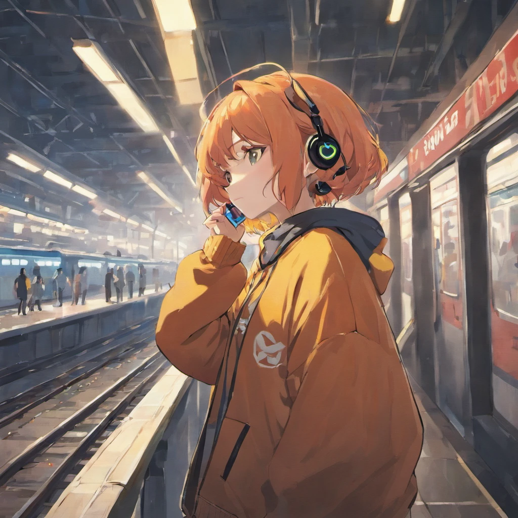 Masterpiece, Train station platform, Solo, 1 Girl, Oversized sweaters, headphones, Loose pants, beanie, sideview, Looking at the phone, Upcoming trains, long shot, Album Art Lo-Fi