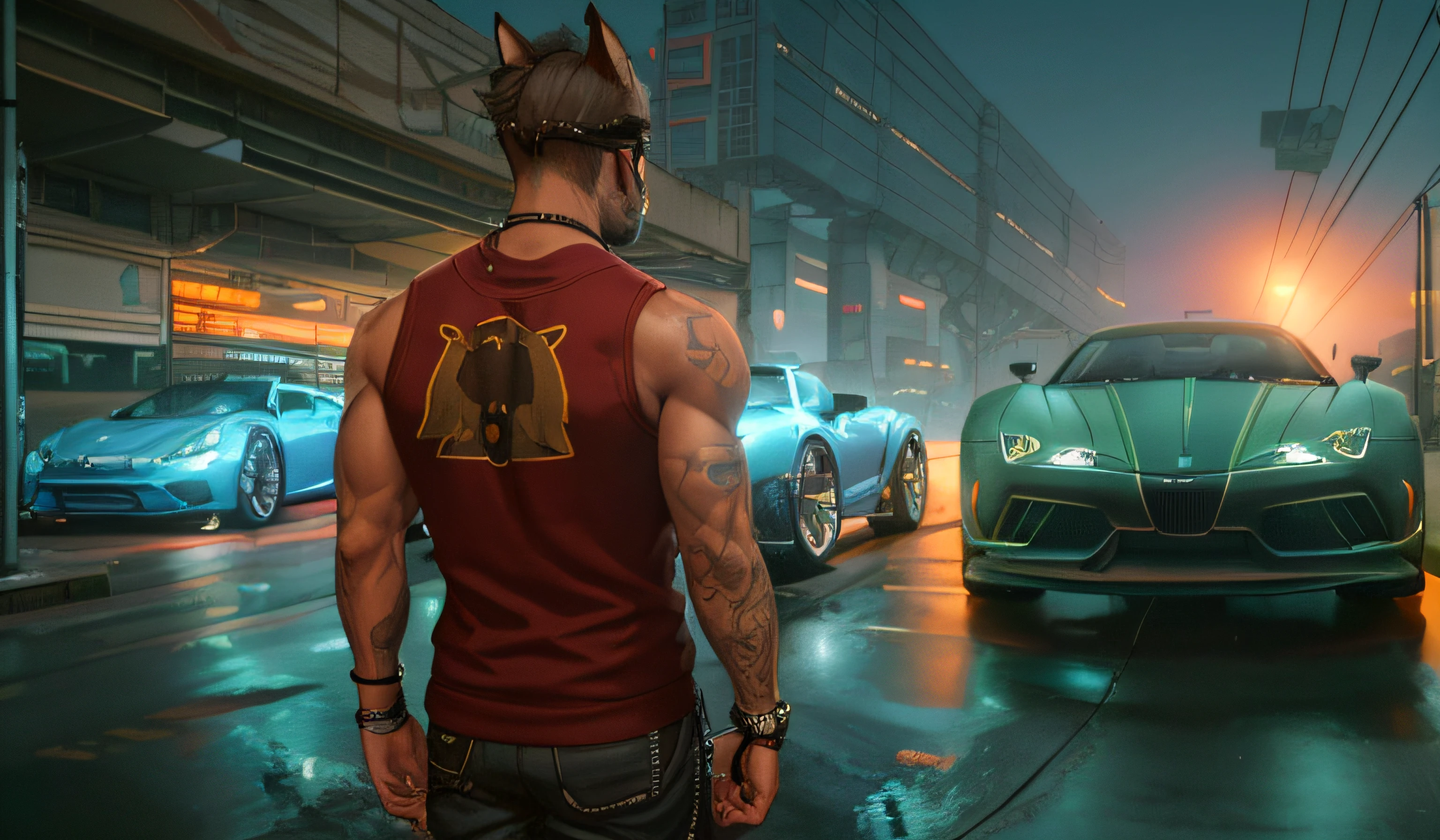 Seen from the back There's a man standing in the street with the head and ears of a cat with a car in the background, muscular! Cyberpunk, gta 10 style, Octane. trending on ArtStation, rendering, badass anime 8k, GTA V style artwork, 8k octane 3d rendering,
