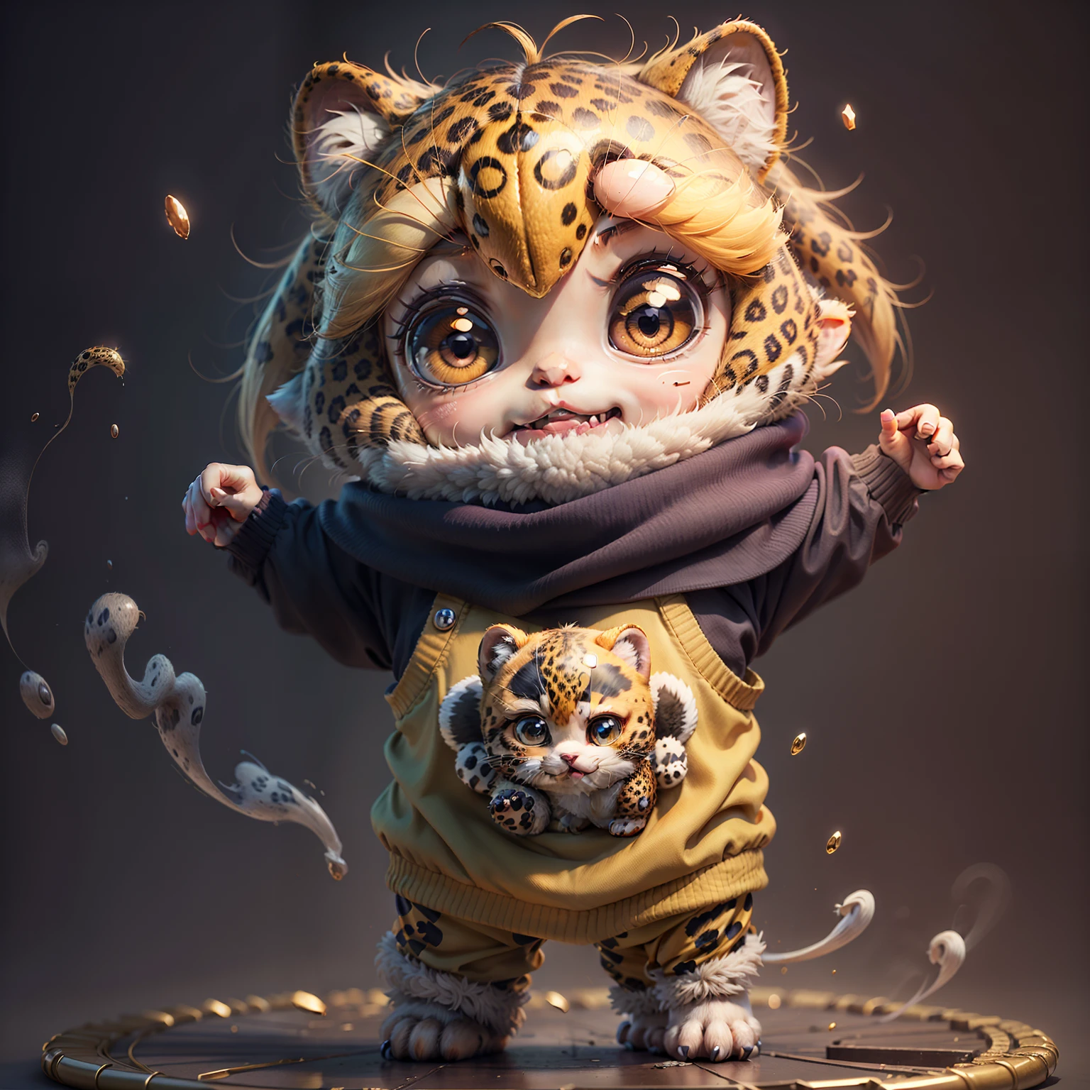 Best Quality), (masutepiece), Charming chibi animation of cute baby with leopard-like face, (Chibi 3D): 1.3, (A detailed face:1.2), (Standing posture:1.1), Royal T Heater Background,Jumping