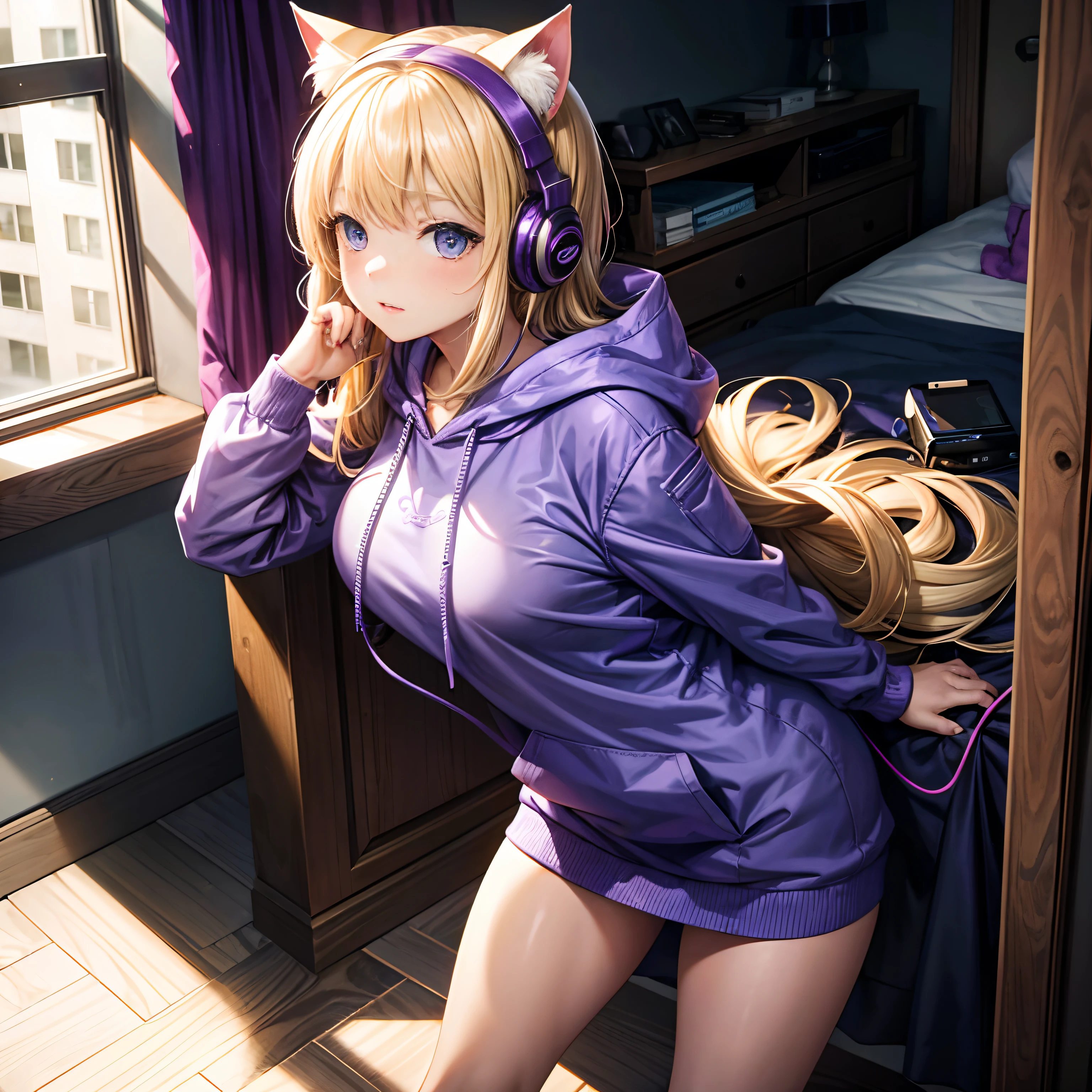 one girl,blonde hair,head phone,purple cat parker,hoods:2.5,little huge tit,one room,morning,masutepiece,Best Quality,ultra-detailliert,Two hands,Two legs,5 digits,best faces