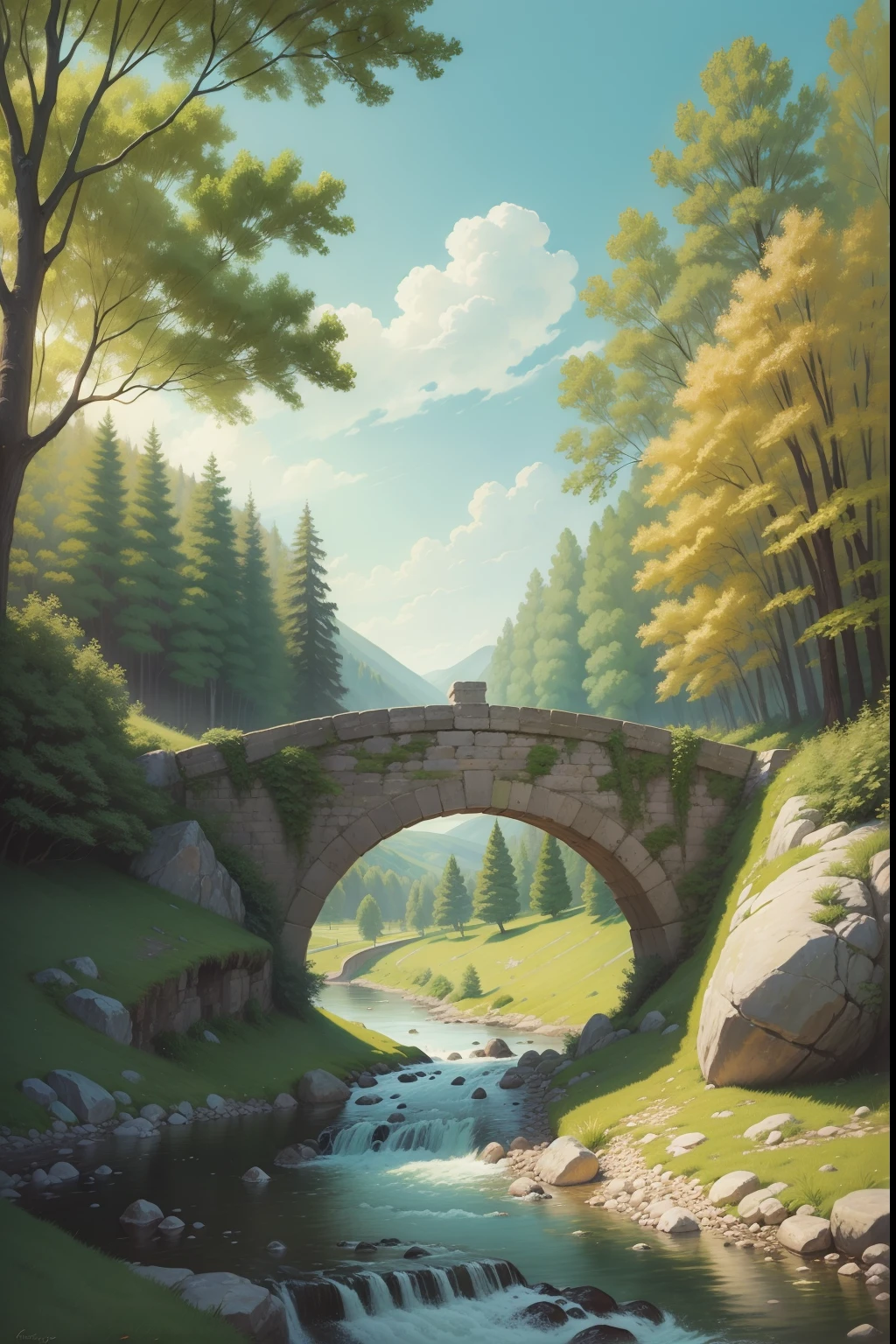 A painting of a summertime landscape, green trees, green grass, a winding river with a stone bridge, daytime light.