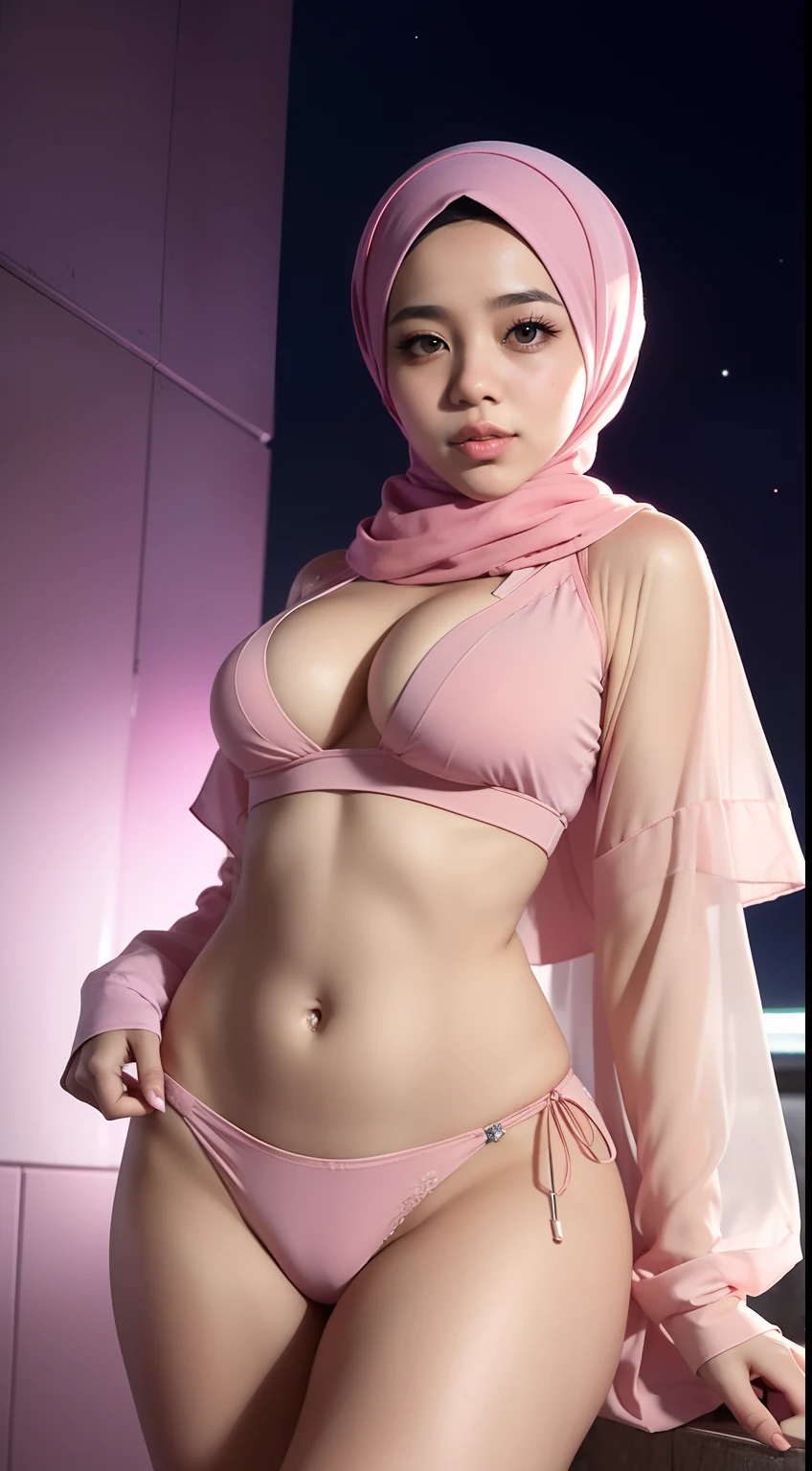 mira filzah sexy seducing pose, nighttime city, (mira filzah:1.3), wearing hijab, pastel color hijab, pink , small tits, small breast, flat chest, wide waist, thick thighs bright lighting, big round ass, matured face, slim abs,
