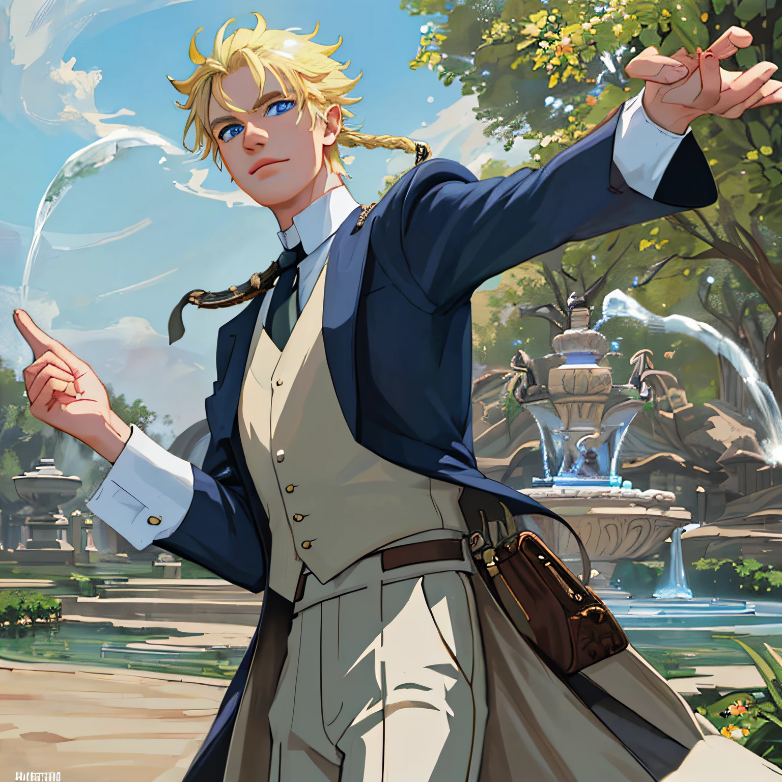 ((((Masterpiece)))), (Best quality), ((ultra - detailed)), ((High detail)), ((exquisitedetails)), (1 boy), (Solo), (Cowboy shot), (view the viewer),((outside)), (((Antique))), ((Palace)), ((sonoko)), ((fountain)),
(flower), ((Mature male)),((Victorian clothes)), ((Tall，musculous)), ((whisker markings)), (Short hair), Uzumaki Naruto, ((Blonde hair)), Detailed lips, (((prince))), ((Blue eyes)), nobles,  ((long trousers))