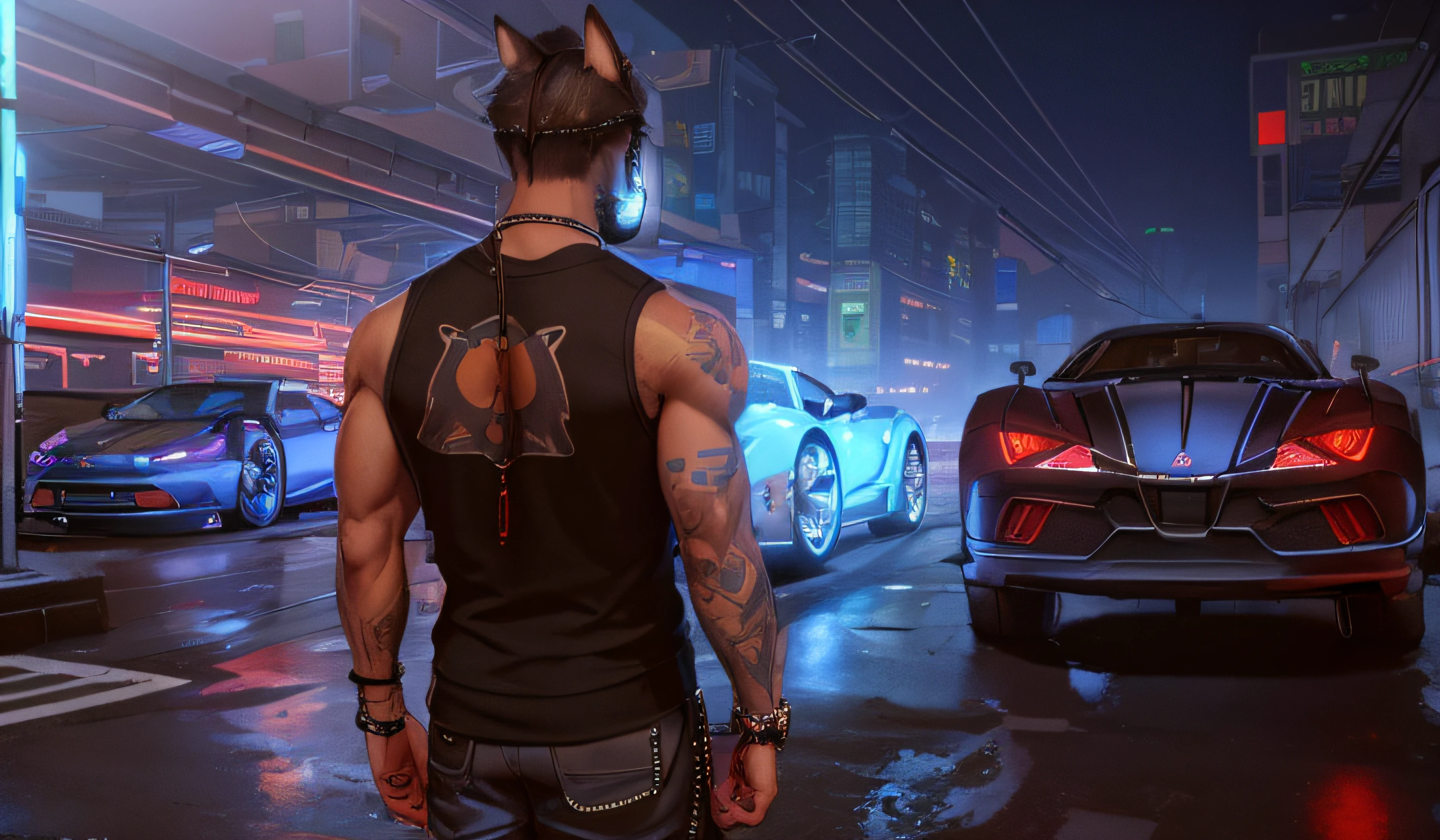 Seen from the back There's a man standing in the street with the head and ears of a cat with a car in the background, muscular! Cyberpunk, gta 10 style, Octane. trending on ArtStation, rendering, badass anime 8k, GTA V style artwork, 8k octane 3d rendering,
