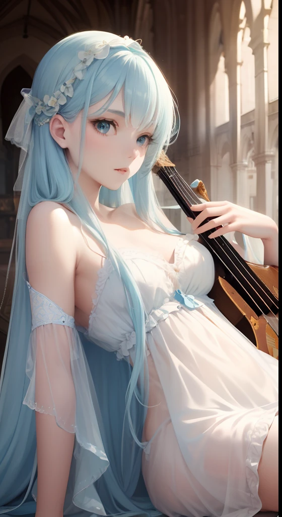 Young beauties,long baby blue hair,with fair skin,Wear light tulle,Embrace the lute,Beautiful face,Reclining,Antique architecture,solo person