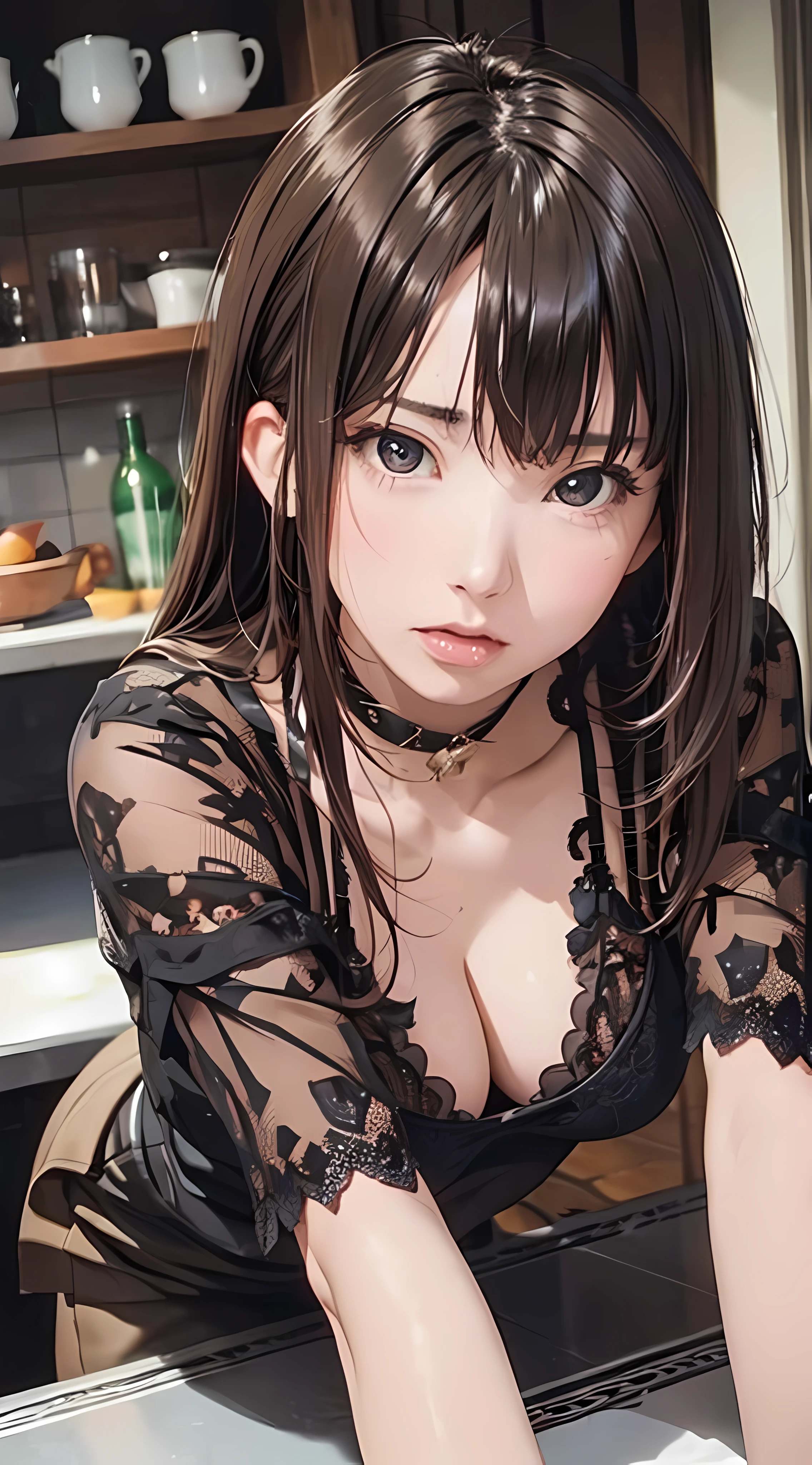 (1girl:1.3), cinematic light, (masterpiece, top quality, best quality, official art, beautiful and aesthetic:1.3), extreme detailed,highest detailed,(ultra-detailed),((an extremely delicate and beautiful)), ((Crouch down)), (dark night), ((in the kitchen old apartment)), from above, solo, breasts, silky long hair, (brown hair), Casual clothes, pink Lace inner, open breast, 26 years old, unsteady gaze, anxious, embarrassed, (looking up:1.4),oral sex ,licking gesture,