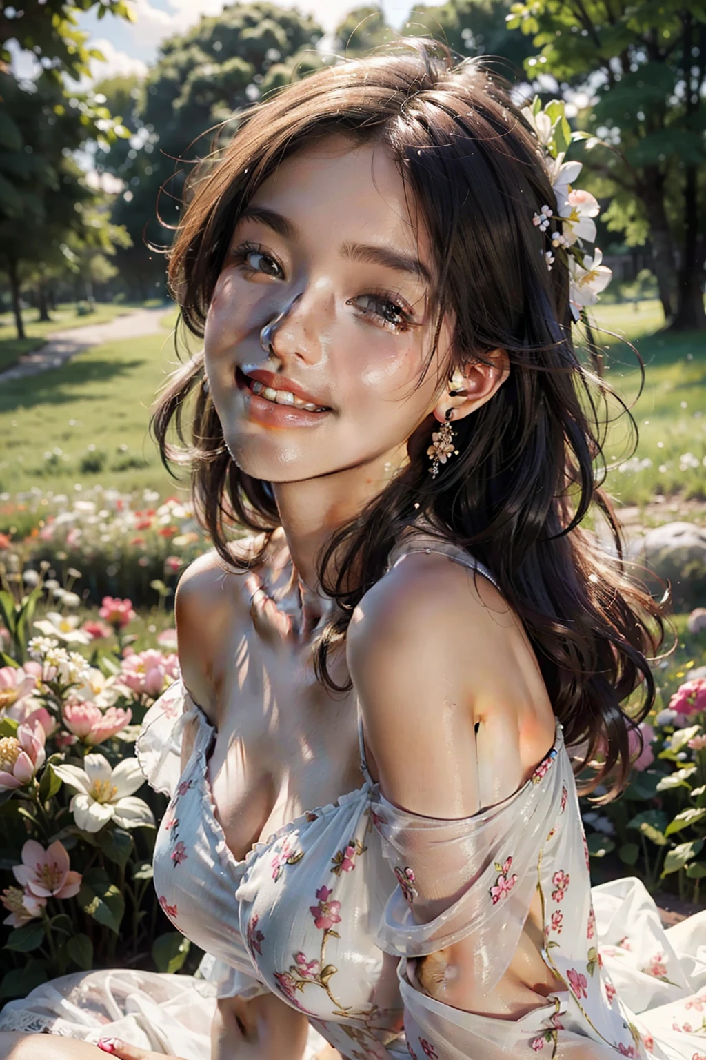 Best quality, masterpiece, ultra high res, (photorealistic:1.4), raw photo, 1girl, transparent dress, off shoulder, blossom flower field, glowing skin, light smile, nsfw