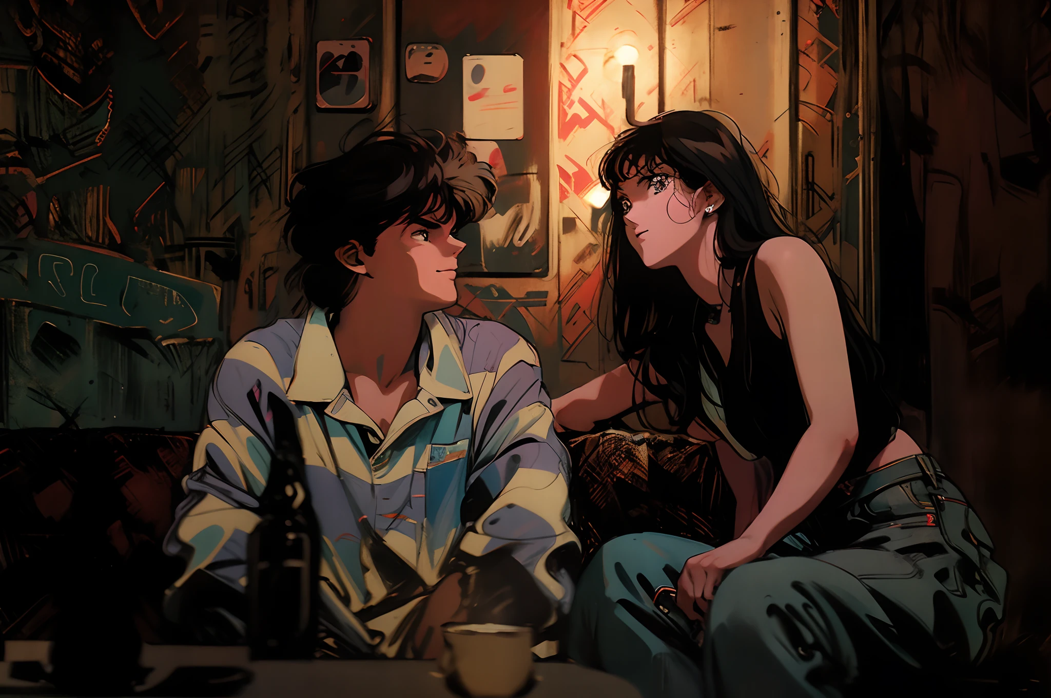 Anime scene, retro anime, 1980s, 1990s, retro aesthetics,soft color, couple sitting, smiling, 1girl, cute, fashionable, retro fashion hairstyle