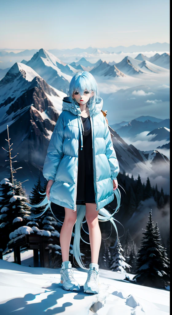 Young beauties,Clear face,Beautiful face,long baby blue hair,White down jacket,Full body like,solo person,Mountains and forests background
