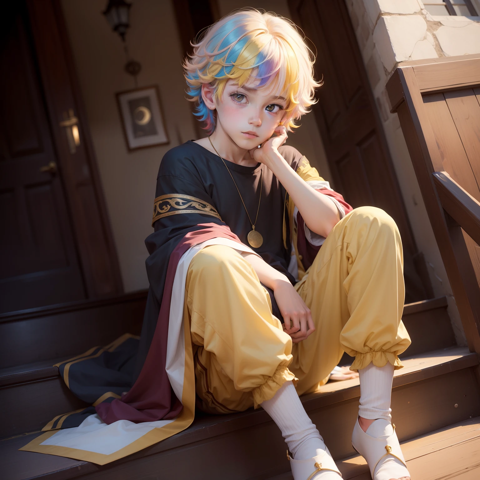 (1 boy),(Multi Hair Color 1.2),Beautiful Boys,Beautiful fece,fleeting,bobhair,sitting on stairs,Looking diagonally up,Moon Night,yellow  eyes,realistic,An ultra-high picture quality,​masterpiece