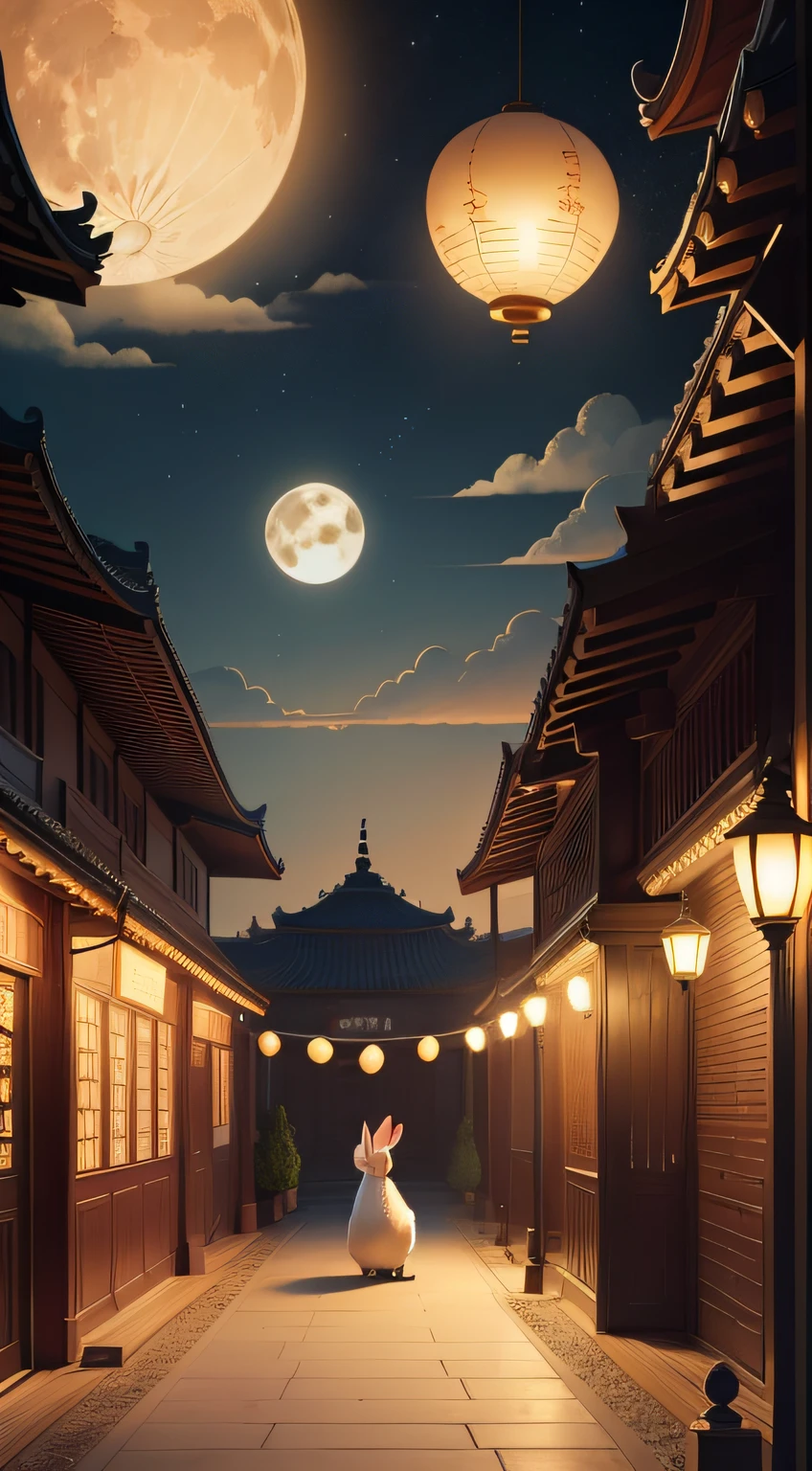 Art is commercial illustration,The theme is the Mid-Autumn Festival poster。The background is a scene of the moon and the moon palace,There are lanterns flying outside the moon。The center area of the picture is centered and typeset,The main body is Jade Rabbit making mooncakes。laurel、mont、Eau、Clouds and other details decorated,T-shirt design,rzminjourney,vectorial art