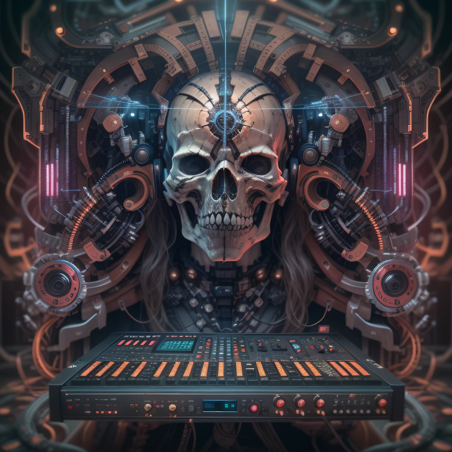 (extremely detailed 8K wallpaper) Mid-range photo of a scary necromancer, complexe, il joue d'une une monstrueuse Cyber machine, and thanks to a complex configuration, composes music using a modular synthesizer that is tightly linked and controlled by its own cerebral cortex. This advanced neural music interface allows the artist to seamlessly translate their thoughts and emotions into a unique listening experience.., Pushing the boundaries of creativity and innovation in music production.High detail, dramatique