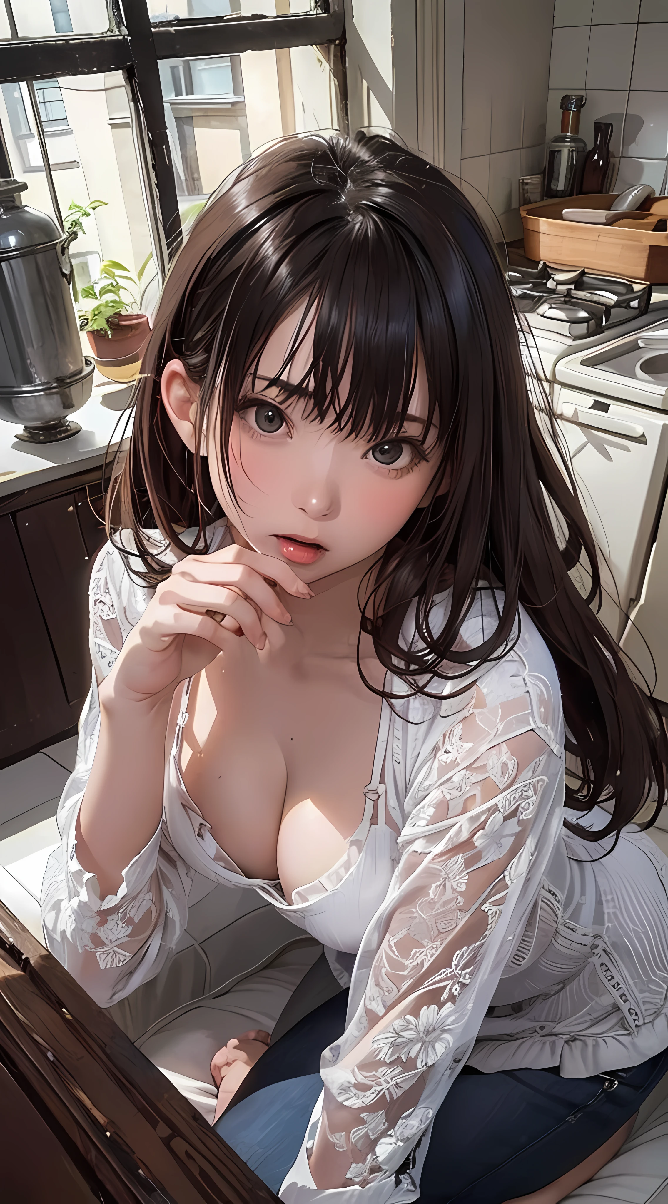 (1girl:1.3), cinematic light,  (masterpiece, top quality, best quality, official art, beautiful and aesthetic:1.3), extreme detailed,highest detailed,(ultra-detailed),((an extremely delicate and beautiful)), ((Crouch down)), (dark night), ((in the kitchen old apartment)), from above, solo, breasts, silky long hair, (brown hair), Casual clothes, pink Lace inner, open breast, 26 years old, unsteady gaze, torn clothes, anxious, embarrassed, (looking up:1.4) ,((licking gesture)),