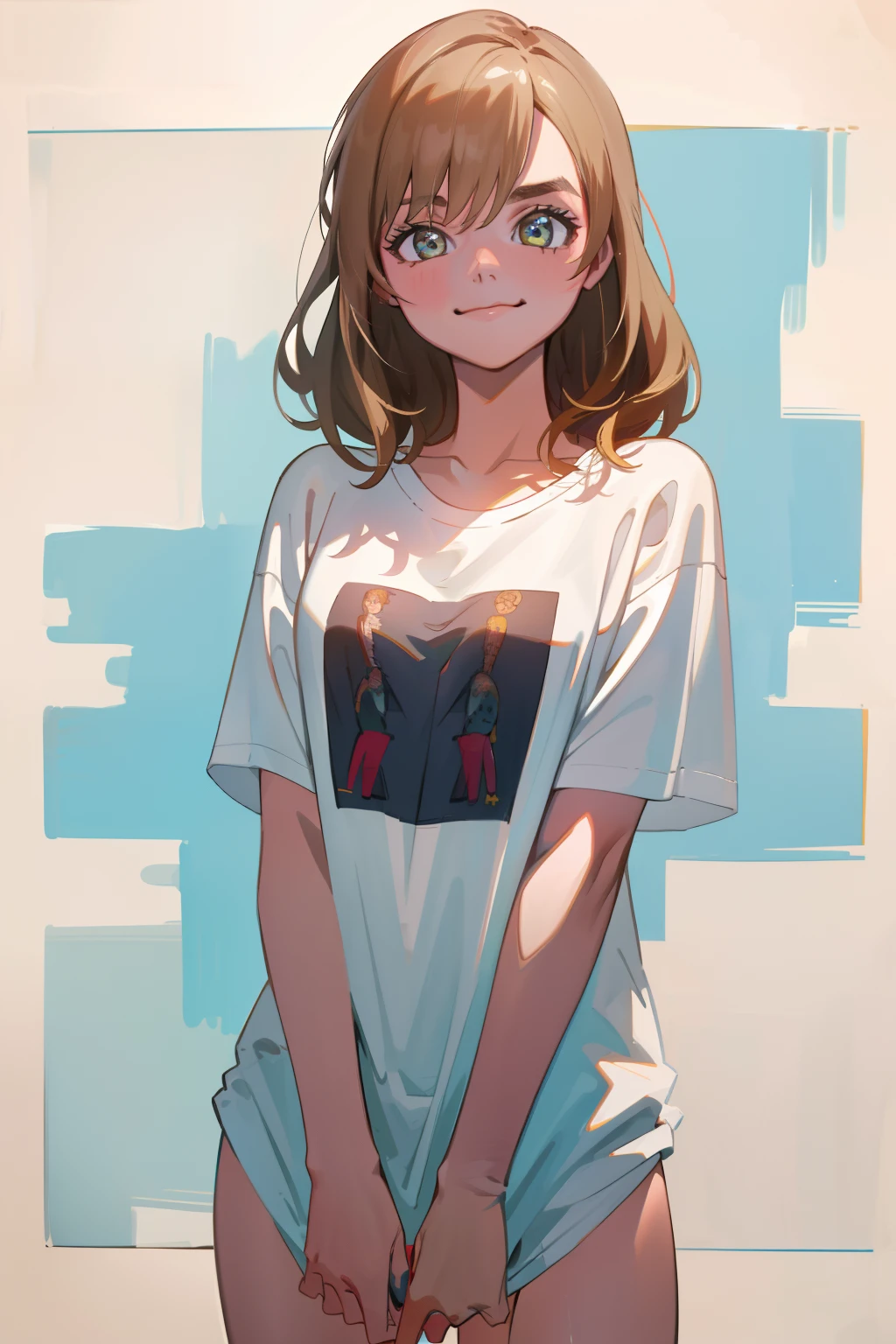 (8k, highest quality, best quality, masterpiece, highly detailed:1.2),

1girl, upper body, woman looks like (Margot Robbie), wearing boyfriend shirt and panty, (naked shirt, shirt tug), shy, half smile, midday, from below