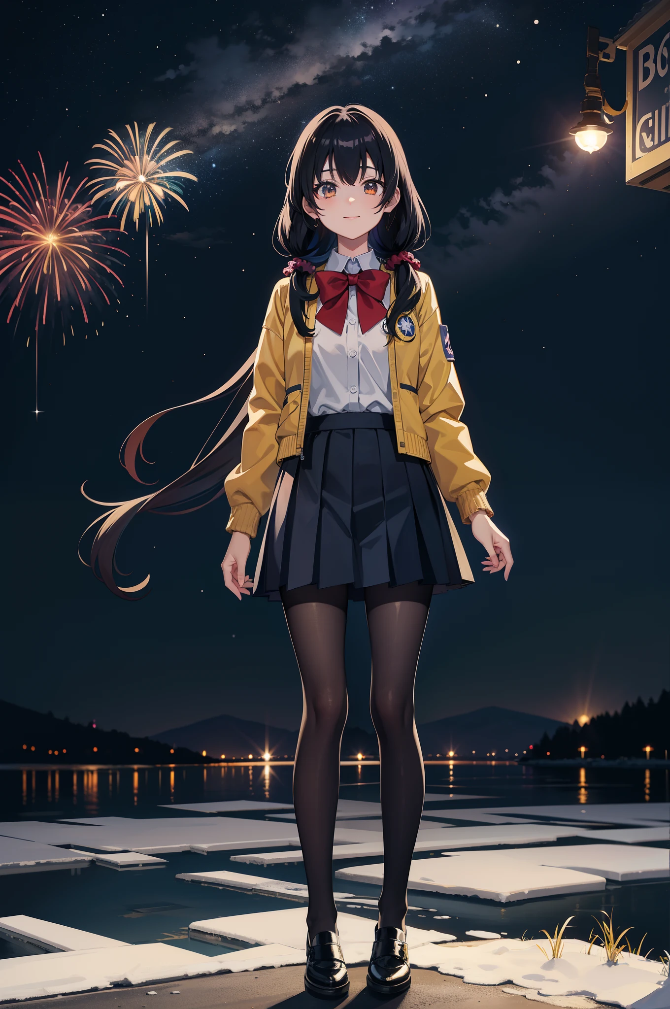star_(sky), starry_sky, night, night_sky, sun, 1girl, shooting_star, space, long_hair, pantyhose, moon, light_particles, sky, lens_flare, tokisaki_kurumi, aurora, city_lights, twintails, spotlight, skirt, solo, full_moon, diffraction_spikes, stage_lights, hair_ornament, sunrise, moonlight, black_legwear, low_twintails, planet, smile, lights, constellation, standing, starry_sky_print, snowing, black_hair, jacket, shoes, bow, earth_(planet), lamppost, looking_at_viewer, school_uniform, snow, blue_skirt, pleated_skirt, bangs, fireworks, outdoors, very_long_hair, scrunchie