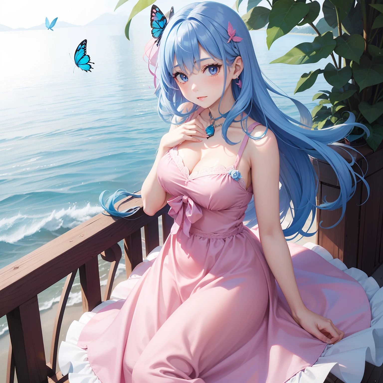 a women, blue butterfly, blue hair, pink eyes, pink dress