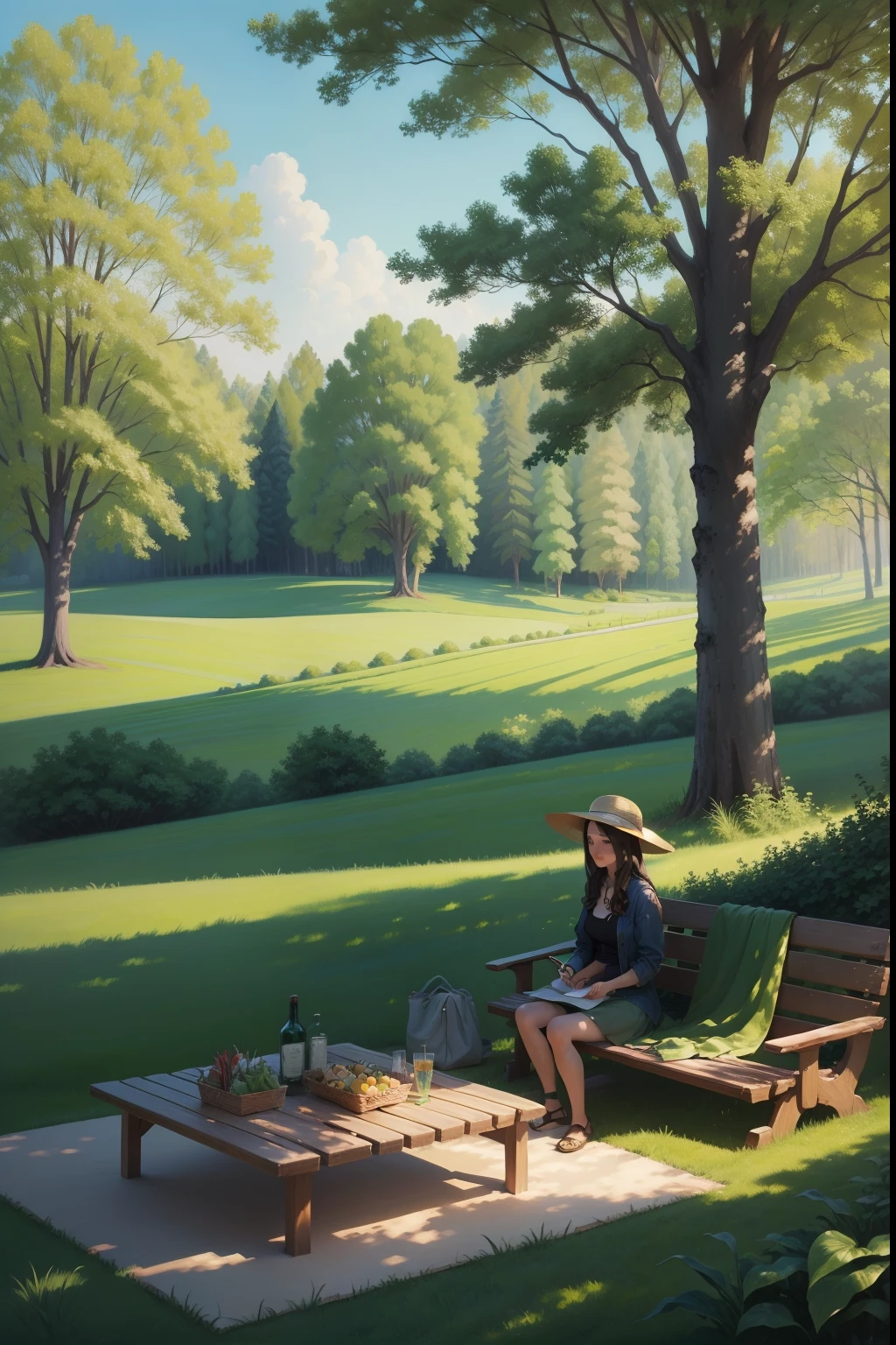 Painting of a woman sitting on a bench in a park - SeaArt AI