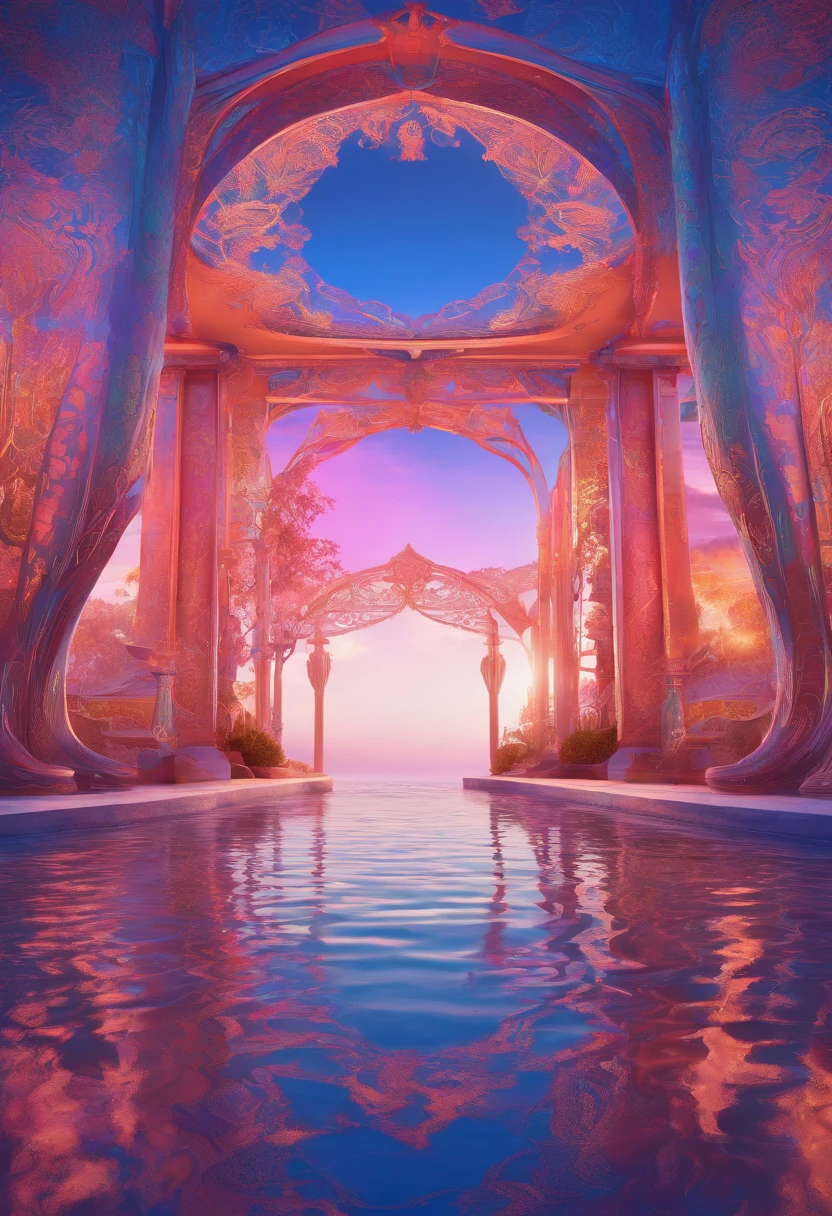 Virtual Scene Design, Coral Art Installation on Blue Sea, galvanized fiberglass with rainbow gradation, Surreal visual representation, majestic architecture, Unique, Convoluted, exquisitedetails,(blender, OC rendering, Natural light, Ray tracing, 8K)