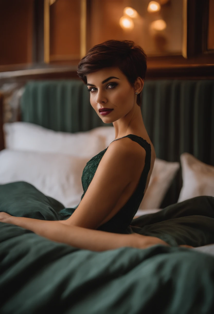 short hair girl on hotel bed