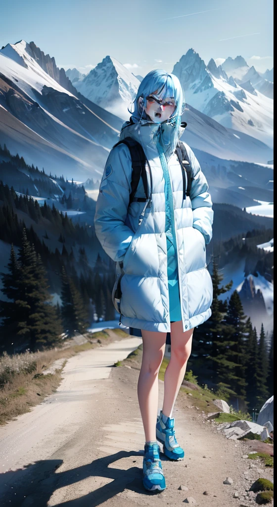 Young beauties,Clear face,Beautiful face,long baby blue hair,White down jacket,Full body like,solo person,Mountains and forests background