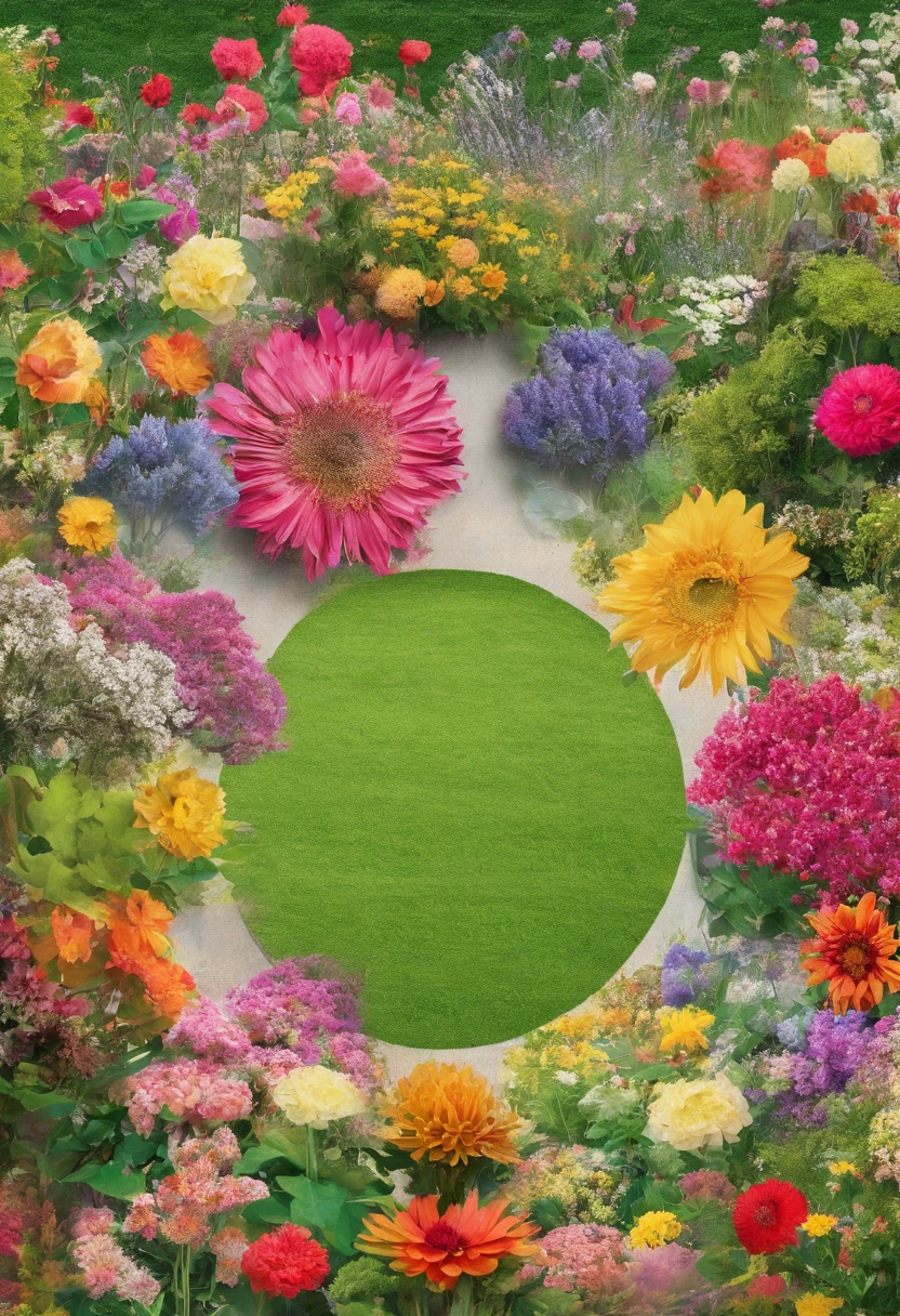 Real Photographics, Photography, 65° viewing angle, real light and shadow, plein air, close-up, lawn, A clear day, simple background, Flowers, Trees, realistic detail, 8K high-definition images, Circular platform::2,