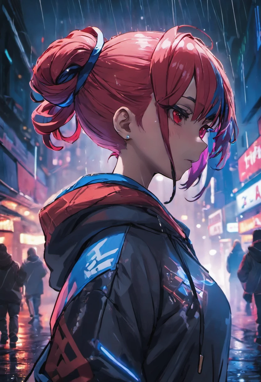 closeup photograph, Self-confident young cyberpunk with red and white hair in a bun, wear a hoodie with white and blue designs, en una calle empapada por la lluvia por la noche, fotorrealista, cinematic lighting