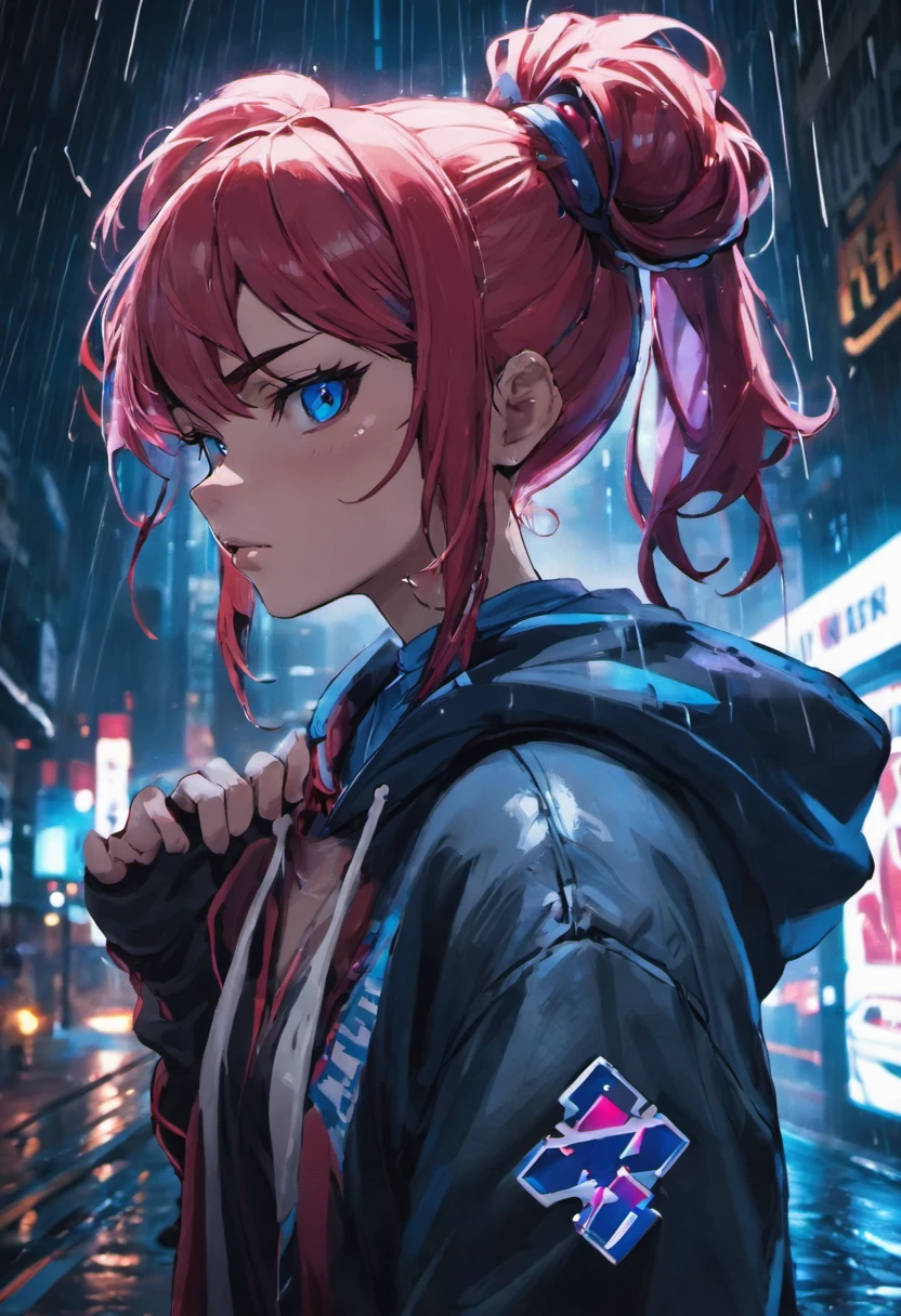 closeup photograph, Self-confident young cyberpunk with red and white hair in a bun, wear a hoodie with white and blue designs, en una calle empapada por la lluvia por la noche, fotorrealista, cinematic lighting