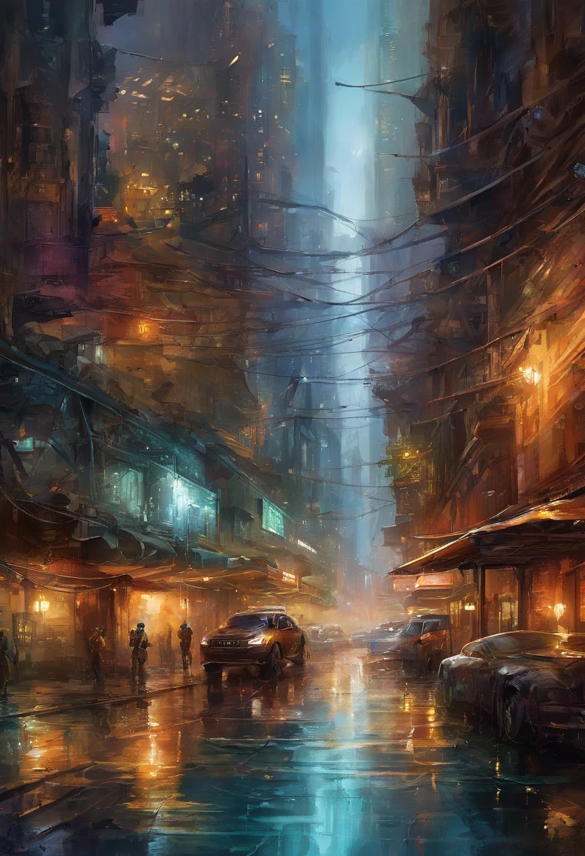 best quality, HDR, futuristic, neon lights, sci-fi, high-tech, towering skyscrapers, flying cars, bustling streets, advanced technology, digital cityscape, advanced robots, AI-controlled drones, holographic displays, cybernetic enhancements, Blade Runner vibes, dark alleys, rain-soaked streets, glowing signs, augmented reality, virtual reality, sleek and shiny architecture, dystopian atmosphere, atmospheric perspective, intricate details, vibrant colors, dynamic composition