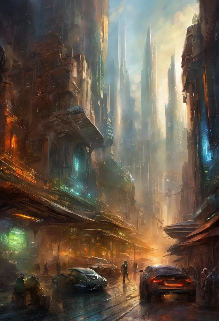 best quality, HDR, futuristic, neon lights, sci-fi, high-tech, towering skyscrapers, flying cars, bustling streets, advanced technology, digital cityscape, advanced robots, AI-controlled drones, holographic displays, cybernetic enhancements, Blade Runner vibes, dark alleys, rain-soaked streets, glowing signs, augmented reality, virtual reality, sleek and shiny architecture, dystopian atmosphere, atmospheric perspective, intricate details, vibrant colors, dynamic composition
