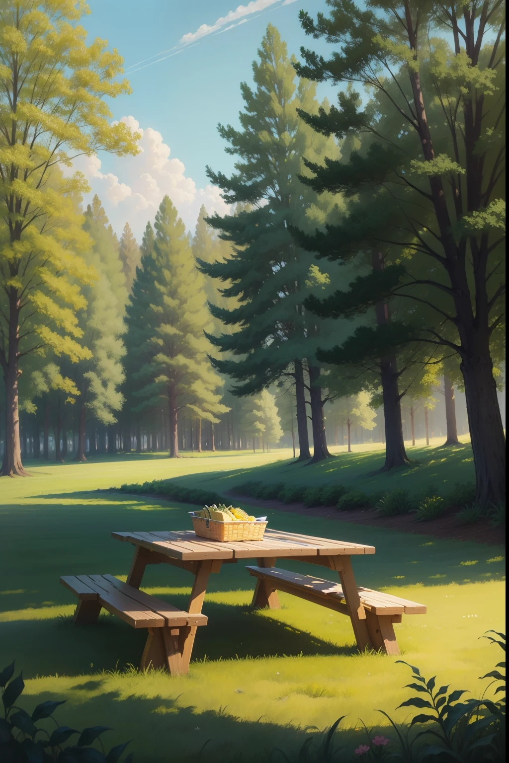 A painting of a summertime landscape, green trees, green grass, with a picnic table, and a corn field, daytime light.