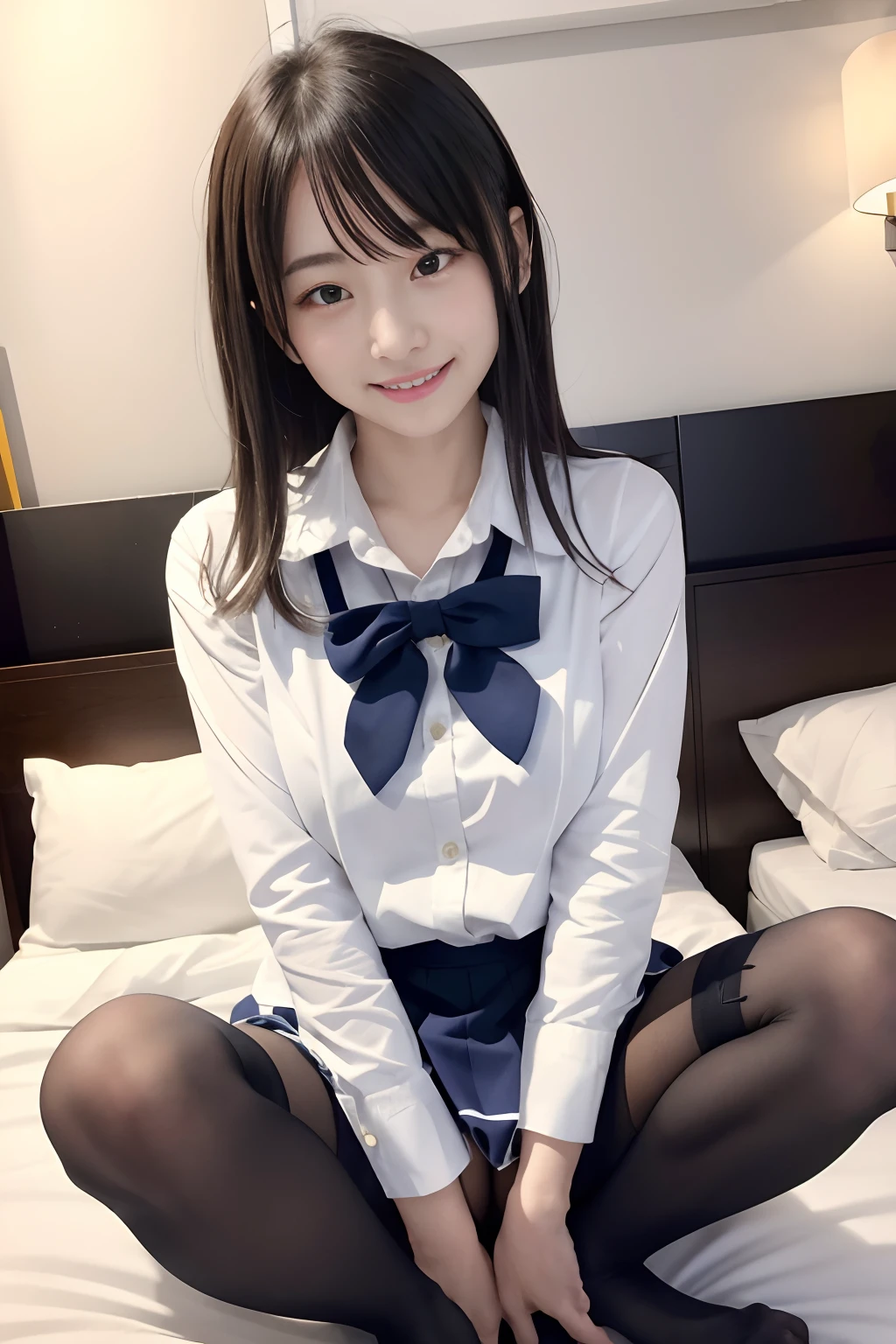 (masterpiece:1.2、top-quality、8K)、(Authentic images、intricate-detail)、独奏、Female 1 Person、gals、Japan schoolgirl uniform、exposed boob、are visible、Erokawa Idol、masterpiece, best qualtiy, 1girl in, shorth hair, Black pantyhose, sitting on, Spread your legs apart, pee pose、embarrassed from, Inviting look,1、Wearing panties、hotels room、on the beds、Night time、