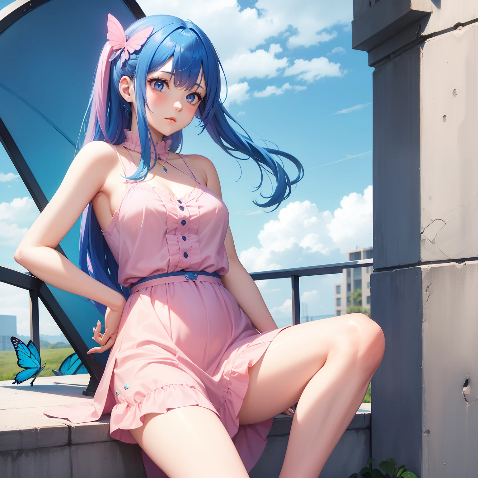 a women, blue butterfly, blue hair, pink eyes, pink dress