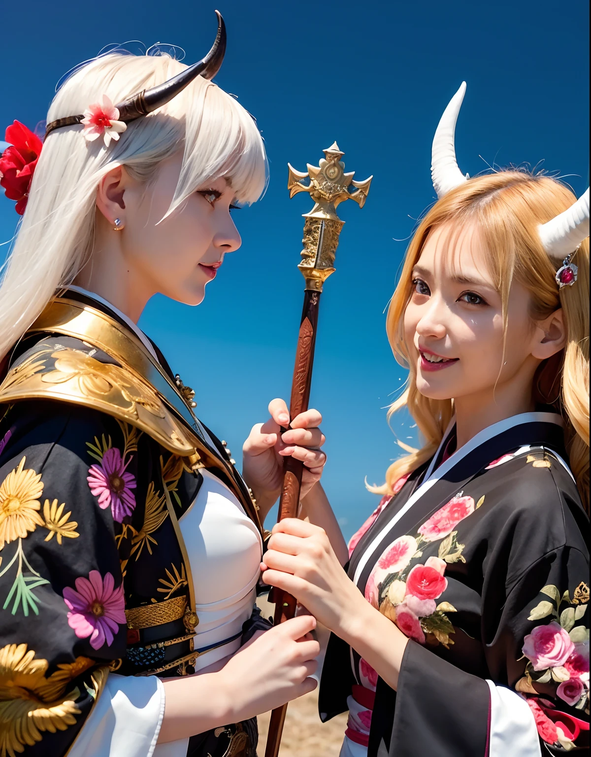 Professional , ​masterpiece、top-quality、photos realistic , depth of fields 、（White bikini armor)、（Mystical expression）、（（Fight dragons））,(Wear a beautiful kimono),（Wear a beautiful kimono with colorful floral patterns）、Jewel Gold Weapon、Particles of light),（Has a devil's mask）、Gorgeous gold weapons ,（（ Gorgeous Dragon Sword）） , （Hold the Devil's Hand）,,（maikurobikini） 、（（White hair））、（Castle background）、（demonic wings）、（（Gangle's forest background））、Beautiful Caucasian beauty、１a person、dynamic ungle,(((Two devil's horns on the head)))、Smaller head、Idle Smile、Thin and beautiful female hands、Mystical expression、Light Effects、intense fighting、Wind-effect、magic circles、With the legendary magic wand、Dragon's tail、