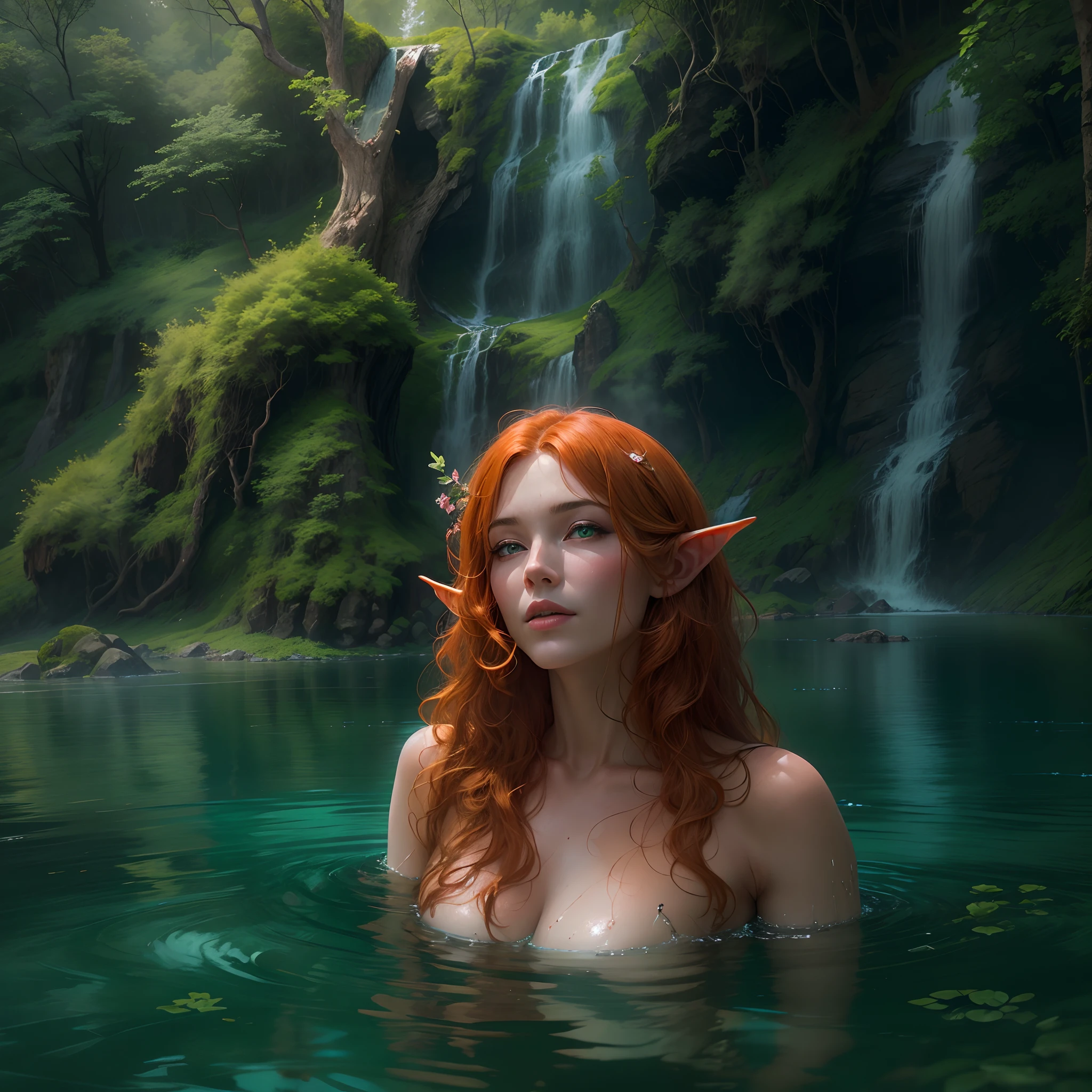 A beautiful naked mature redhead elf bathing in a mesmerising lake, (mature face:1.4), a serene, otherworldly realm hidden deep within a lush, ancient forest. Envision a landscape where emerald-green trees tower over a series of cascading waterfalls, each one more breathtaking than the last. Amidst this natural splendor, mystical hot springs bubble with vibrant, ethereal colors