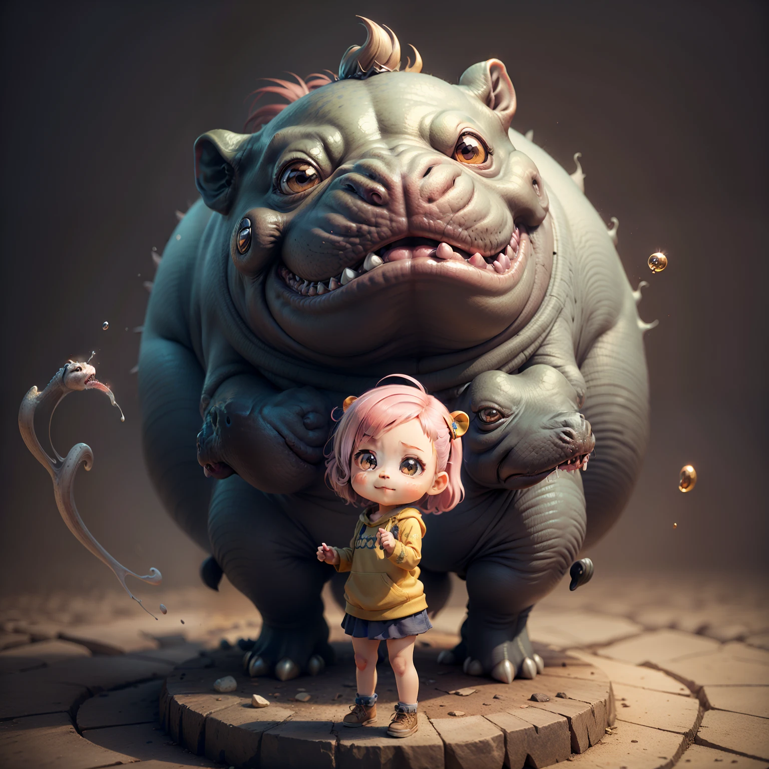 Best Quality), (masutepiece), Charming chibi animation of cute with a hippopotamus-like face, (Chibi 3D): 1.3, (A detailed face:1.2), (Standing posture:1.1), Royal T Heater Background,Jumping