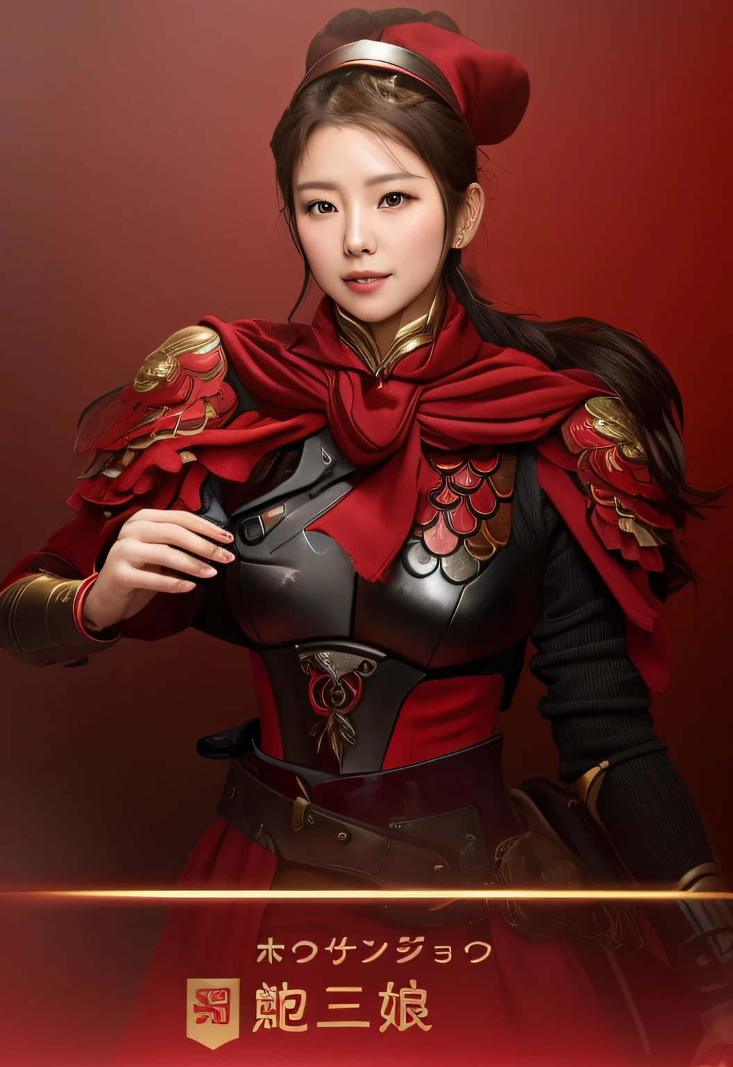 Woman in red scarf and armor