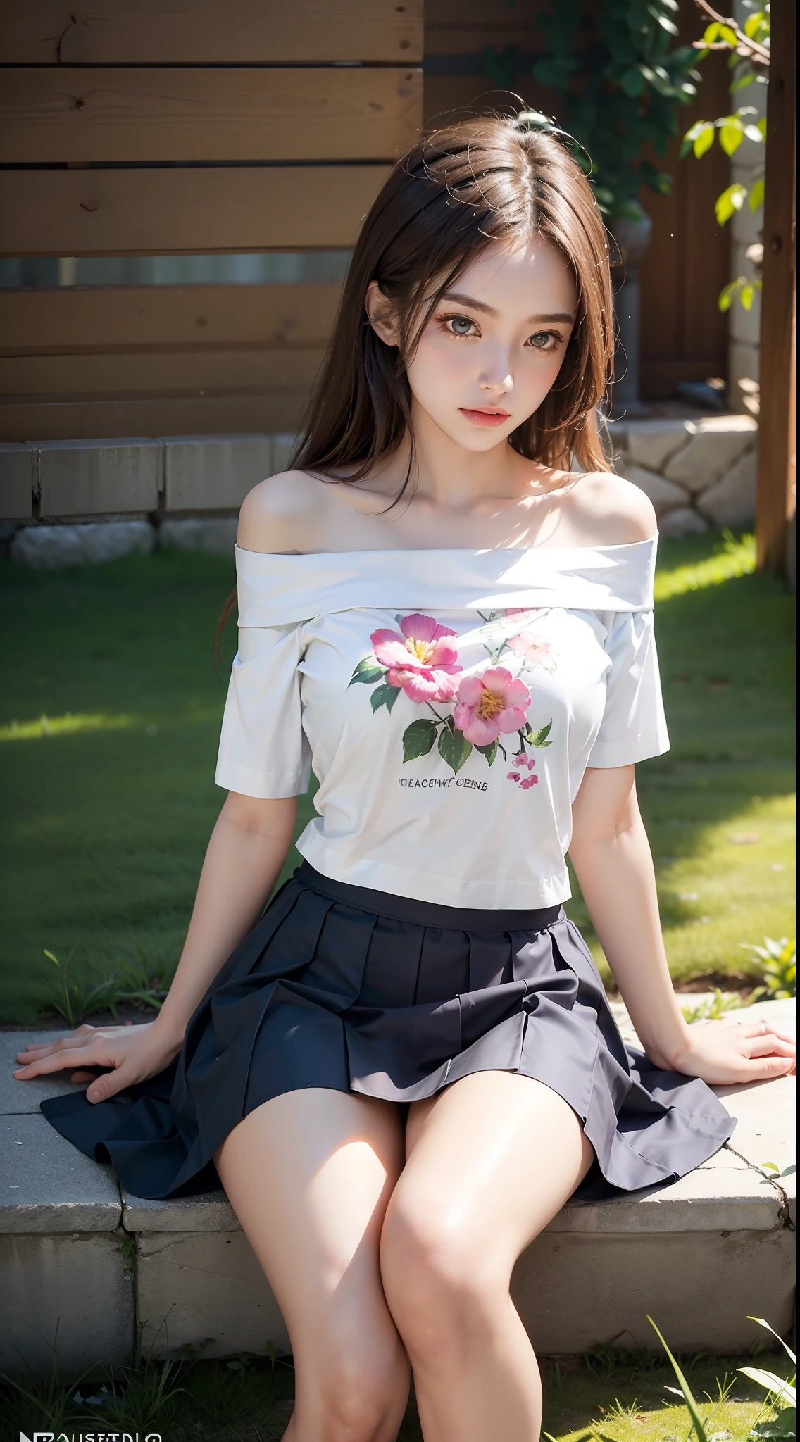 ((from below)), ((knee shot)), ((realistic)), ((off shoulder clothes)), 1girl, Nice face, slender leg, slim toned body, Delicate skin, long whitr hair, 耳Nipple Ring, 鎖骨, (tee shirt, pleatedskirt), trpical garden, lawns, at winter season, nevando, cold light, (tmasterpiece, k hd)