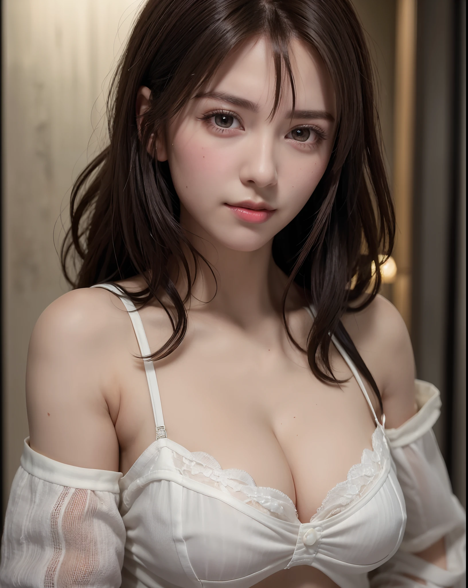 Night, RAW Photography, (((Very Beautiful Portrait))), (Very Beautiful Portrait))), 1 Girl, Sexy 25 Year Old Girl, ((Natural Brown Hair with Short Cuts)), [Brown Eyes],Gentle Smile Staring at the Camera(cleavage), ((Masterpiece, Best Quality, Ultra Detail, Cinematic Lights, Intricate Detail, High Definition, 8k, Very Detailed)), Detail Background, 8k UHD, DSLR, soft lighting, high quality, film grain, fujifilm XT3, shallow depth of field, natural light, perfect face