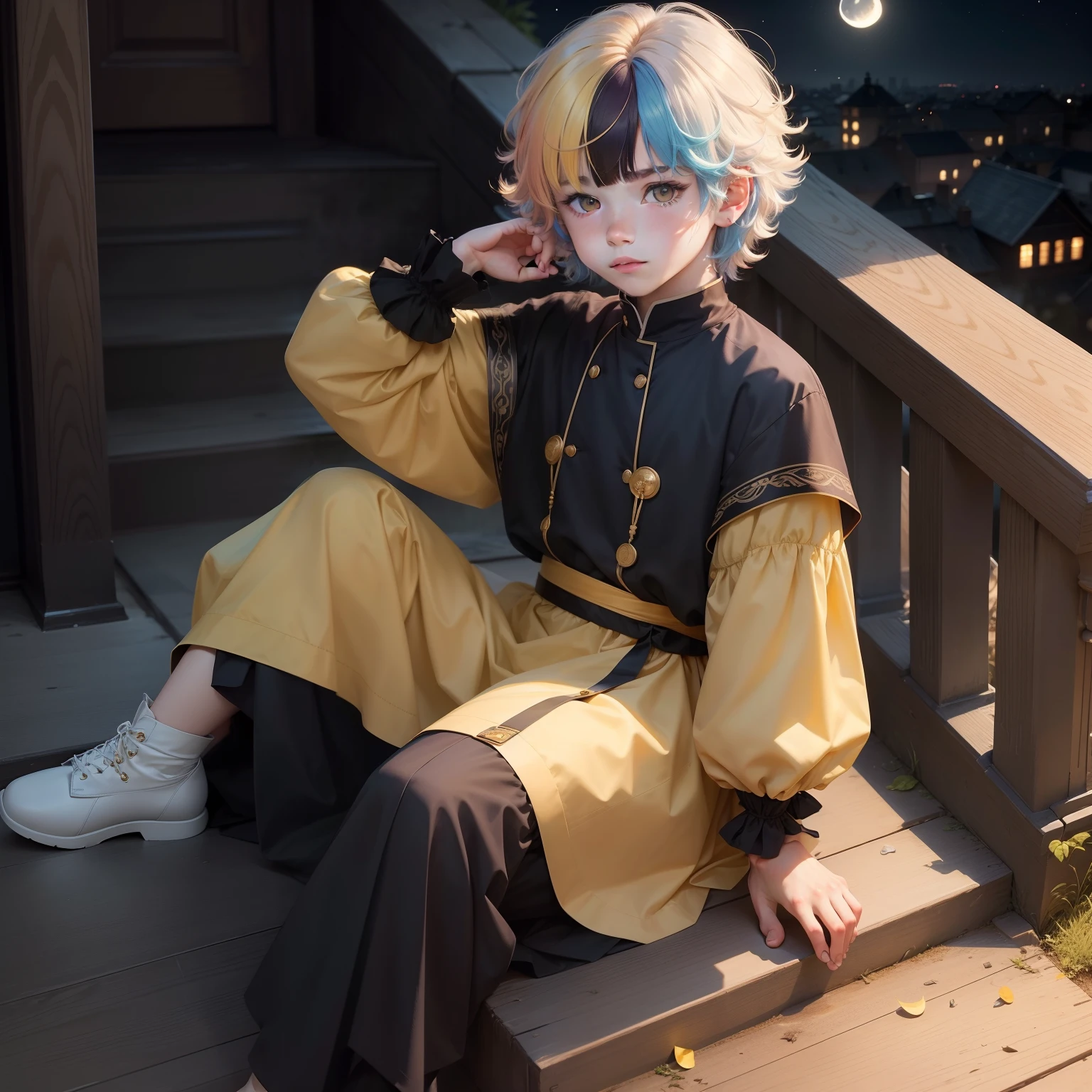 (1 boy),(Multi hair color 1.2),Beautiful Boys,Beautiful fece,fleeting,bobhair,Bangs that are cut,cute  face,sitting on stairs,Looking diagonally up,Moon Night,yellow  eyes,Realistic,An ultra-high picture quality,​masterpiece