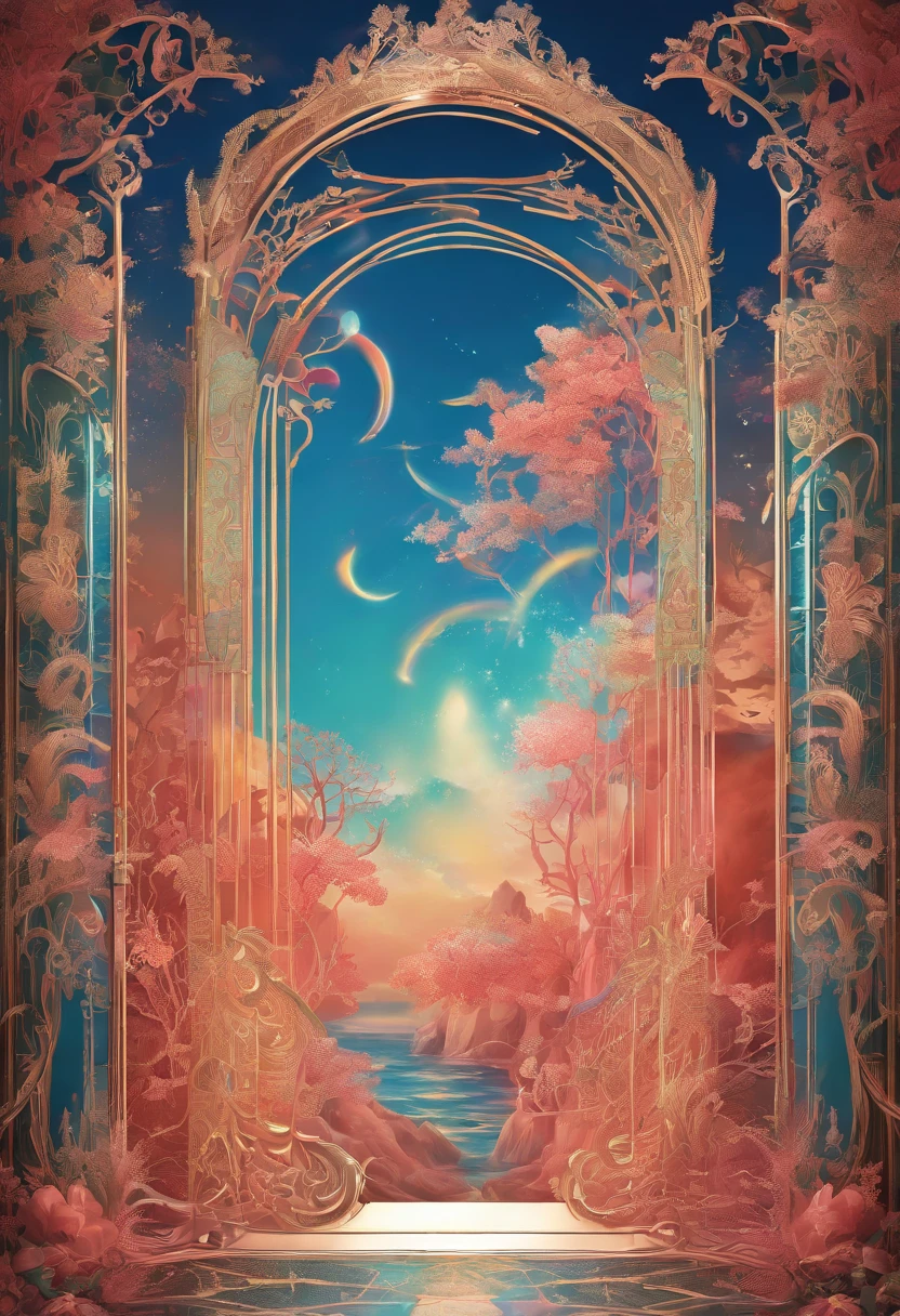 Virtual Scene Design, Coral Art Installation on Blue Sea, galvanized fiberglass with rainbow gradation, Surreal visual representation, majestic architecture, Unique, Convoluted, exquisitedetails,(blender, OC rendering, Natural light, Ray tracing, 8K)